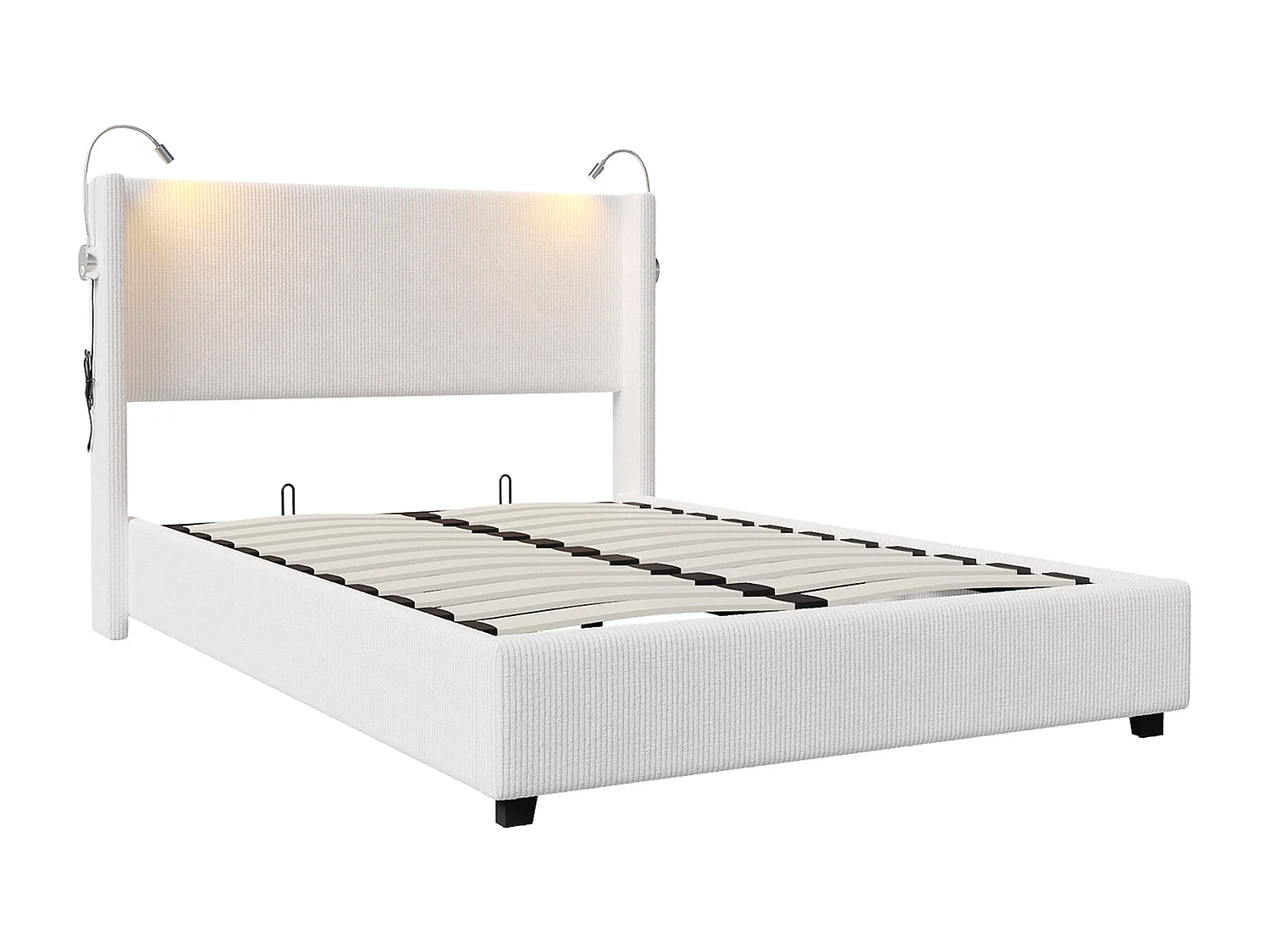 Lit coffre 140×200 cm velours avec LED et lampes de lecture – Sommier à lattes, beige