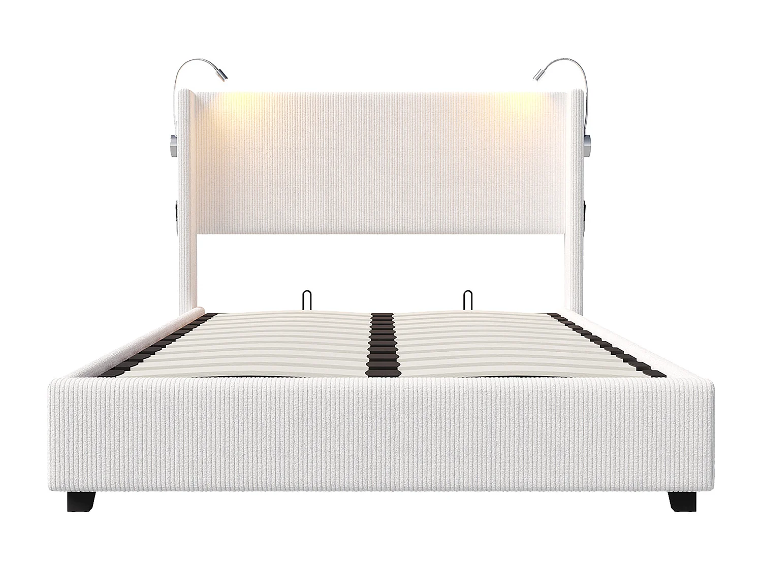 Lit coffre 140×200 cm velours avec LED et lampes de lecture – Sommier à lattes, beige