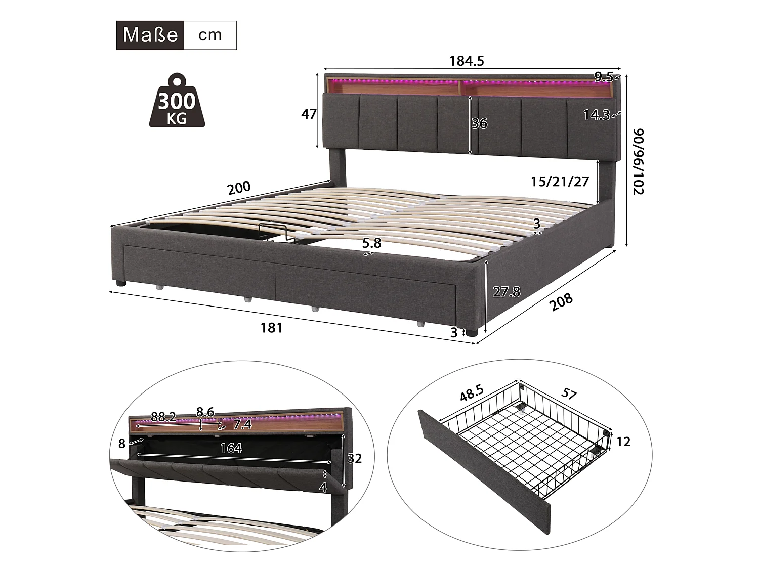 Cama de almacenamiento de 180x200 cm con 2 cajones, iluminación LED, sistema hidráulico y base de láminas.