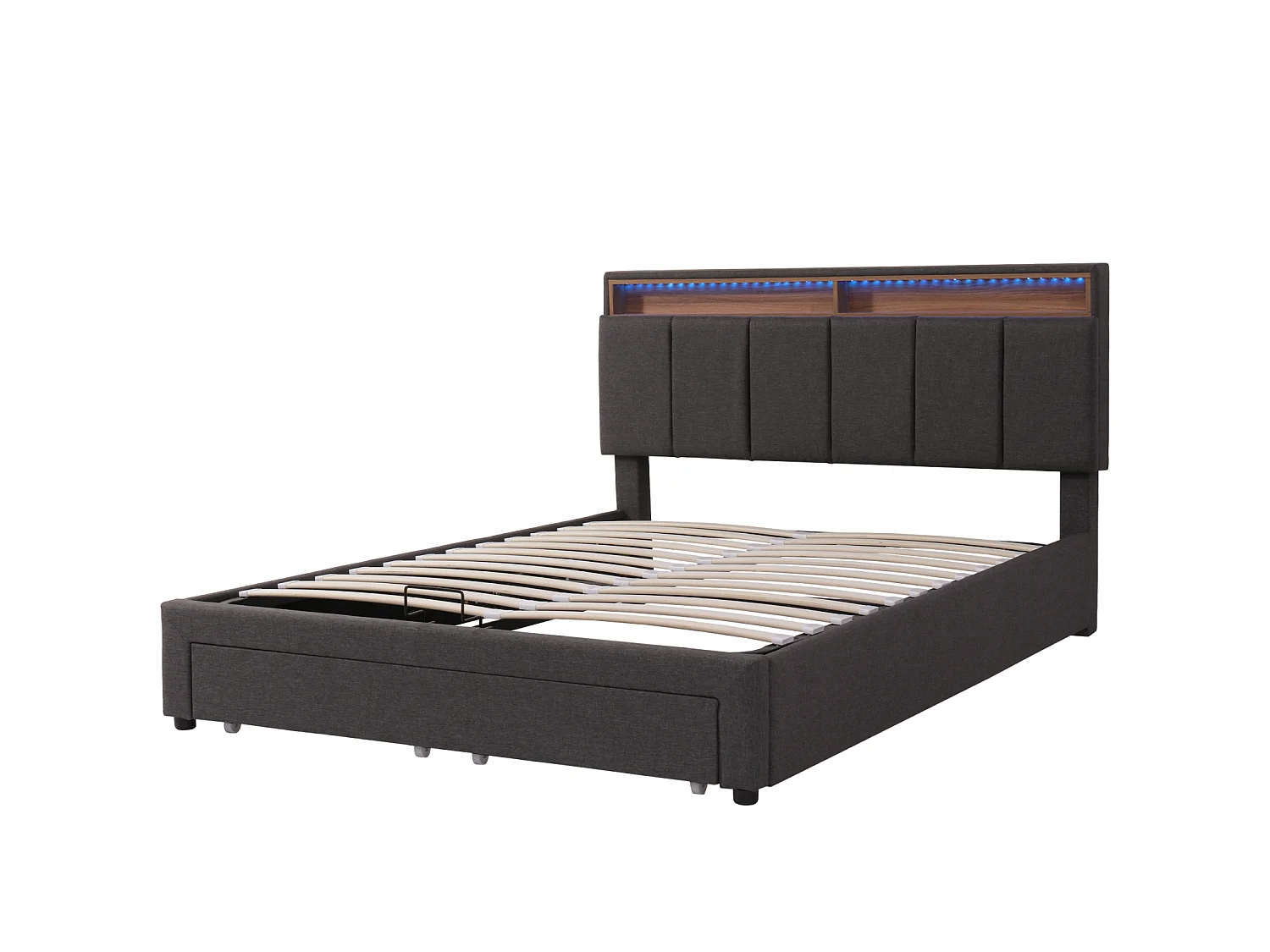 Cama de almacenamiento de 180x200 cm con 2 cajones, iluminación LED, sistema hidráulico y base de láminas.