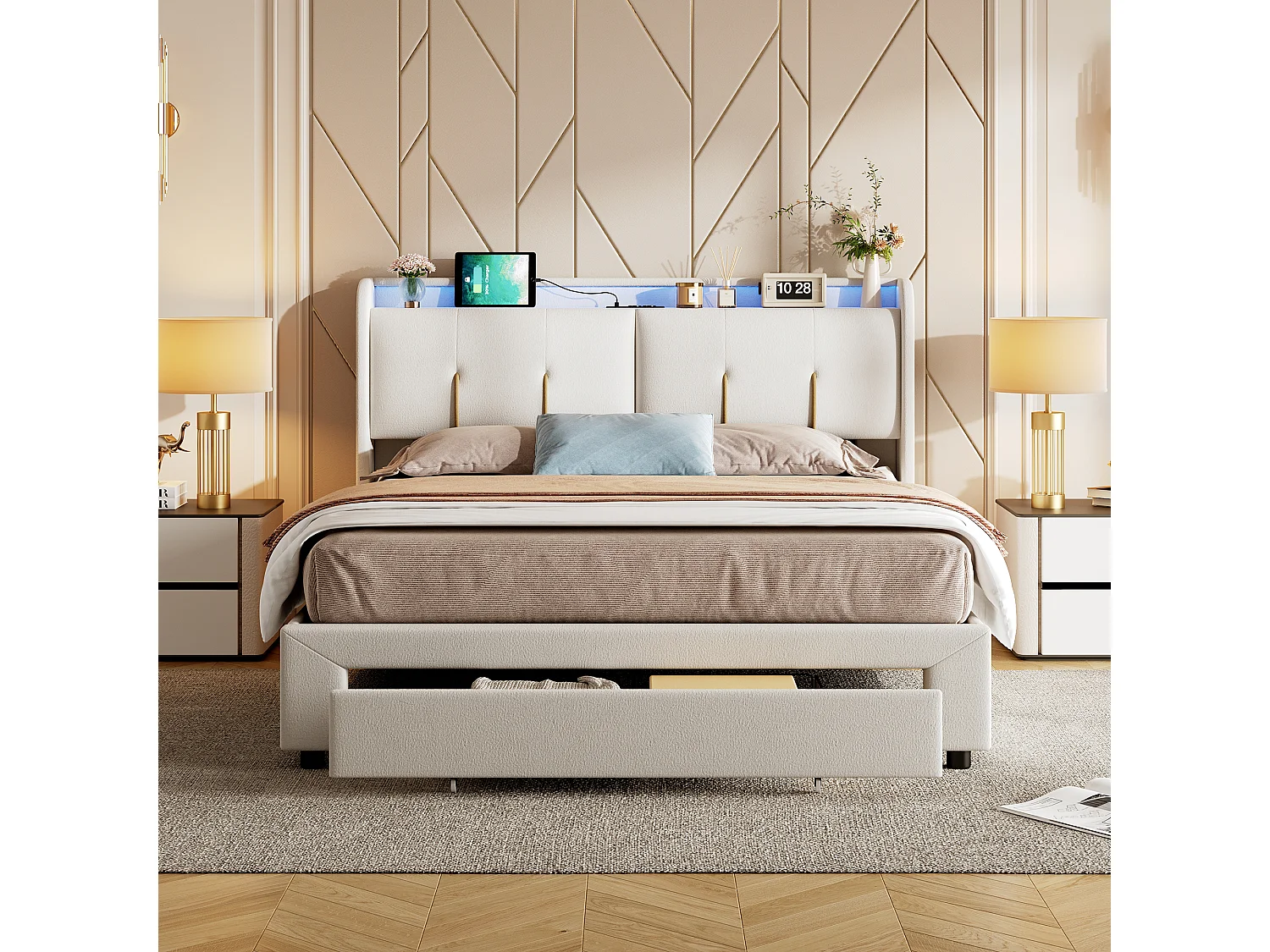 Lit coffre 160×200 cm avec LED, sommier à lattes et USB Type-C – Capitonné velours blanc