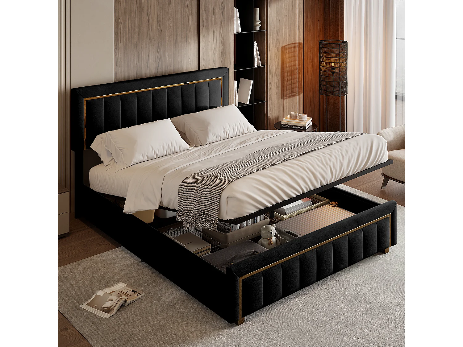 Lit 140×200 cm coffre avec rangement et tête de lit – Velours noir