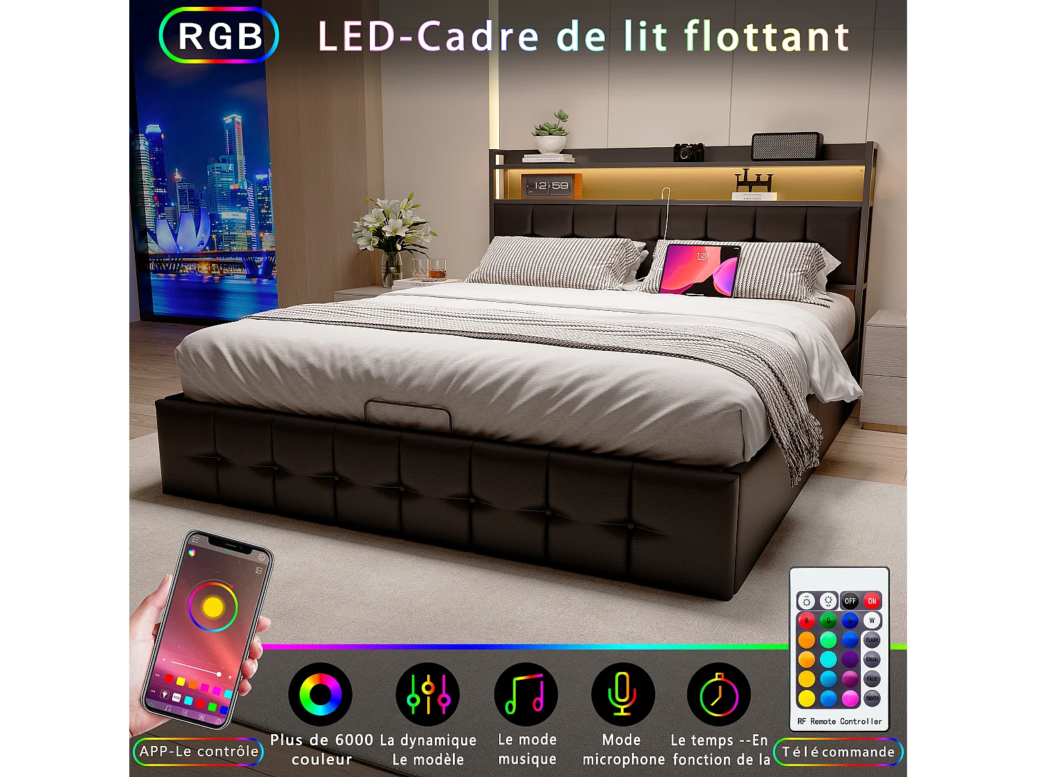 Lit 140x190 cm - avec tête de lit LED et rangement à gaz - chargeur USB-C et USB - éclairage RGB - PU gris - lit double