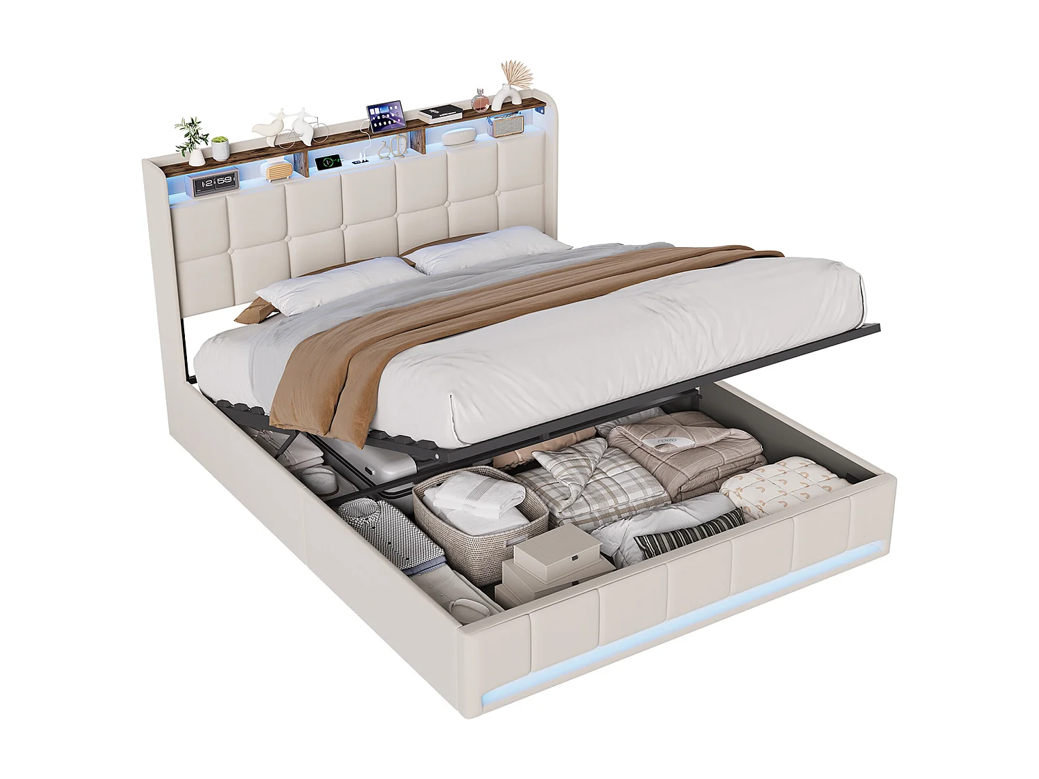 Lit 160x200 cm  - éclairage LED - coffre hydraulique - sommier à lattes - chargement USB et Type-C - tissu lin - beige