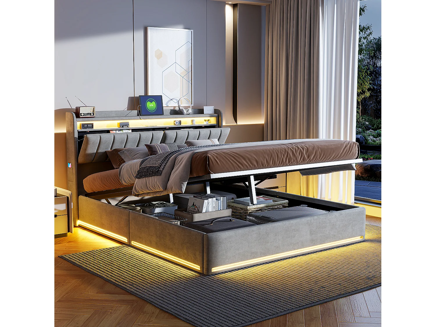 Lit rembourré 140×200 cm avec recharge USB, lit coffre LED et tête de lit avec rangement, sommier à lattes hydraulique – Lit double pour jeune