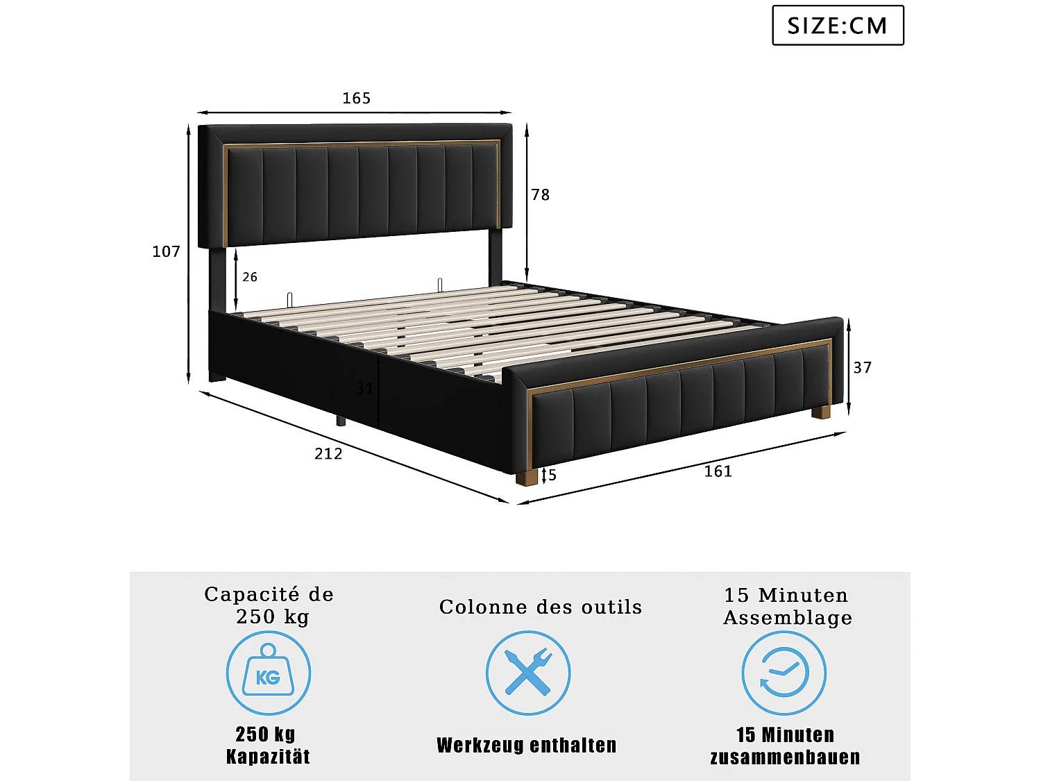 Lit coffre 160×200 cm avec rangement – Cadre et tête de lit, velours noir