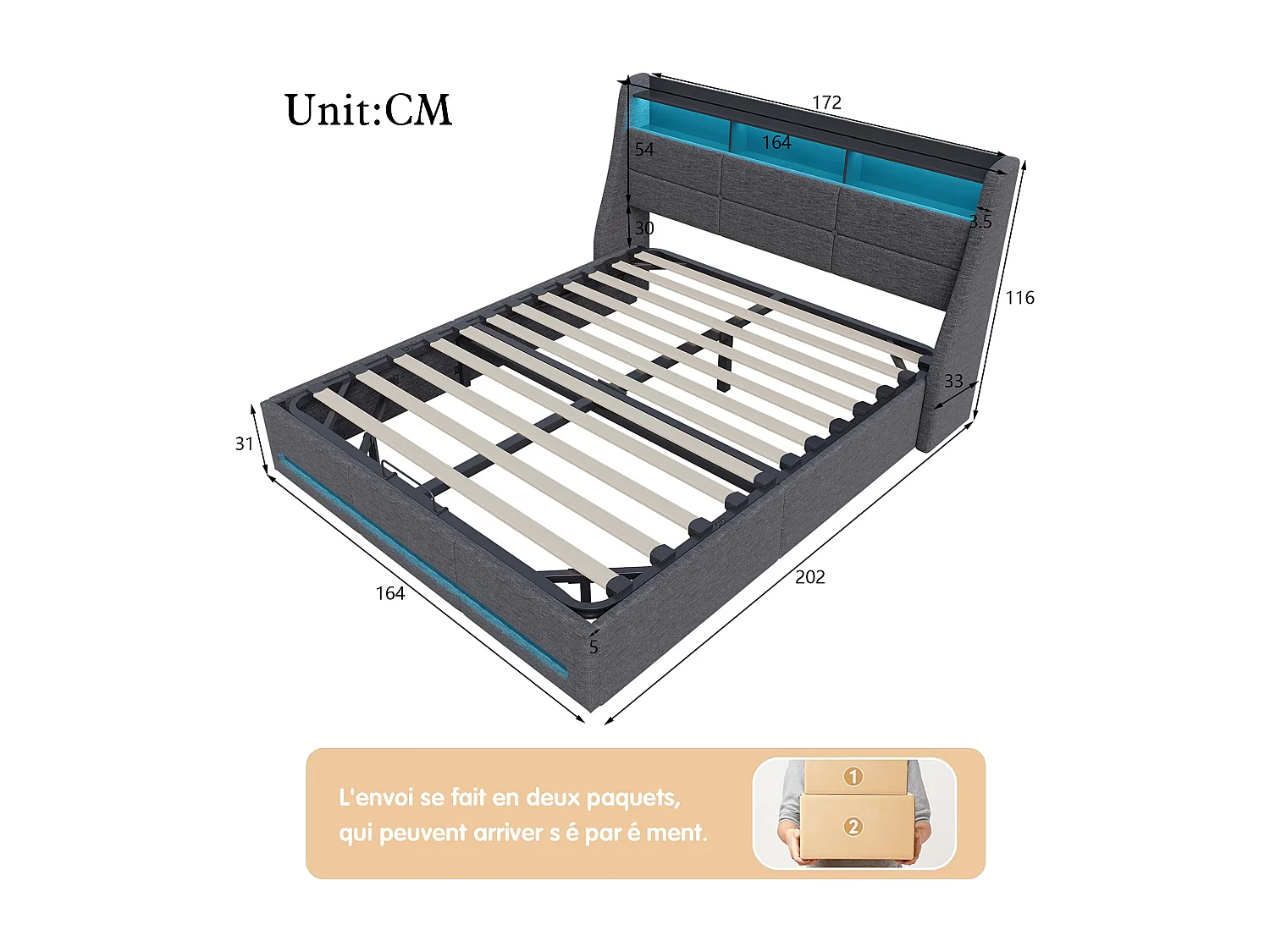 Lit coffre 140×200 cm avec LED, USB Type-C et sommier – Capitonné velours gris