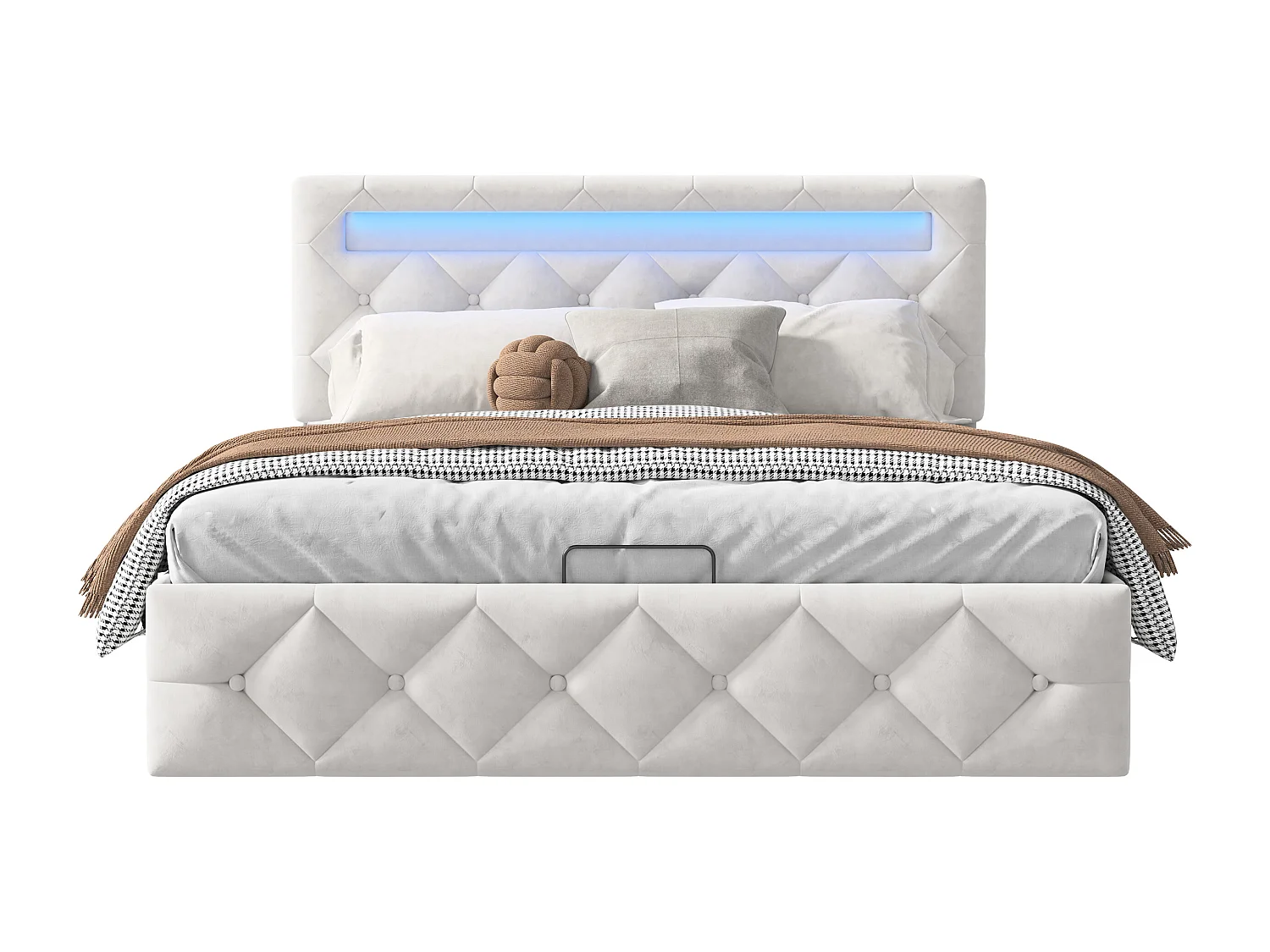 Lit 140×200 cm avec LED, sommier à lattes et grand rangement – Beige