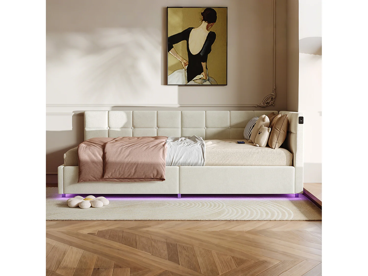 Letto 90x200 cm - divano letto imbottito - illuminazione a LED - vano portaoggetti idraulico - rete a doghe - ricarica USB e Type-C - tessuto in velluto - beige