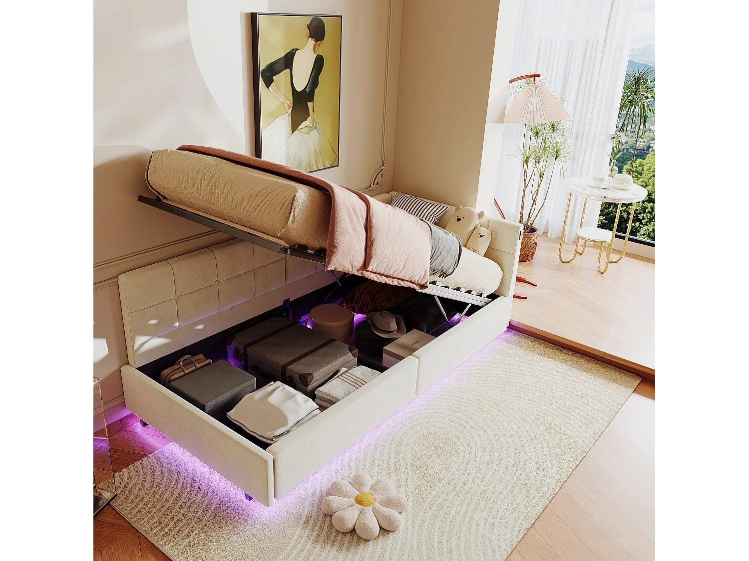 Letto 90x200 cm - divano letto imbottito - illuminazione a LED - vano portaoggetti idraulico - rete a doghe - ricarica USB e Type-C - tessuto in velluto - beige