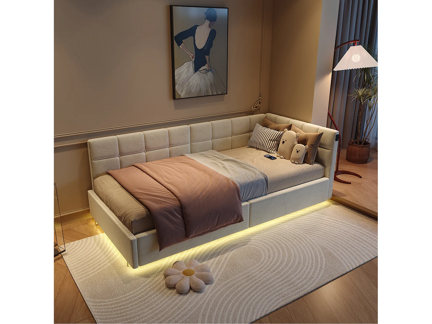 Letto 90x200 cm - divano letto imbottito - illuminazione a LED - vano portaoggetti idraulico - rete a doghe - ricarica USB e Type-C - tessuto in velluto - beige
