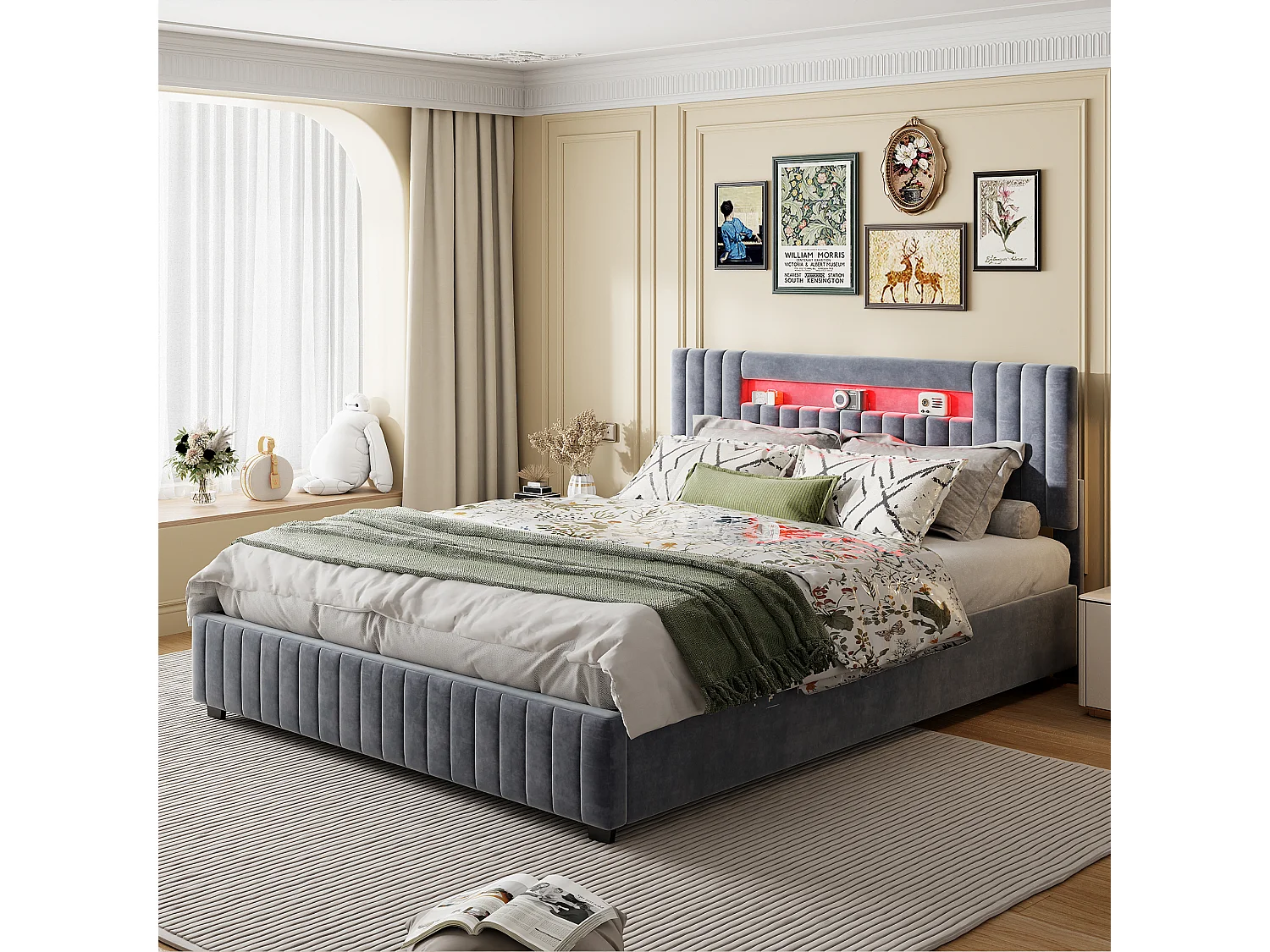 Lit coffre 160×200 cm double avec tête de lit LED et rangement – Tissu velours gris