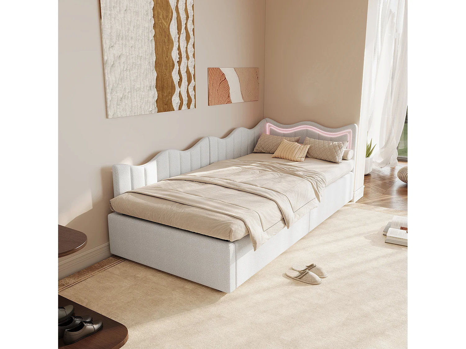 Sofá cama infantil de 90×200 cm con espacio de almacenamiento y luces LED multicolores – Blanco, en tejido de felpa, divertido y práctico.
