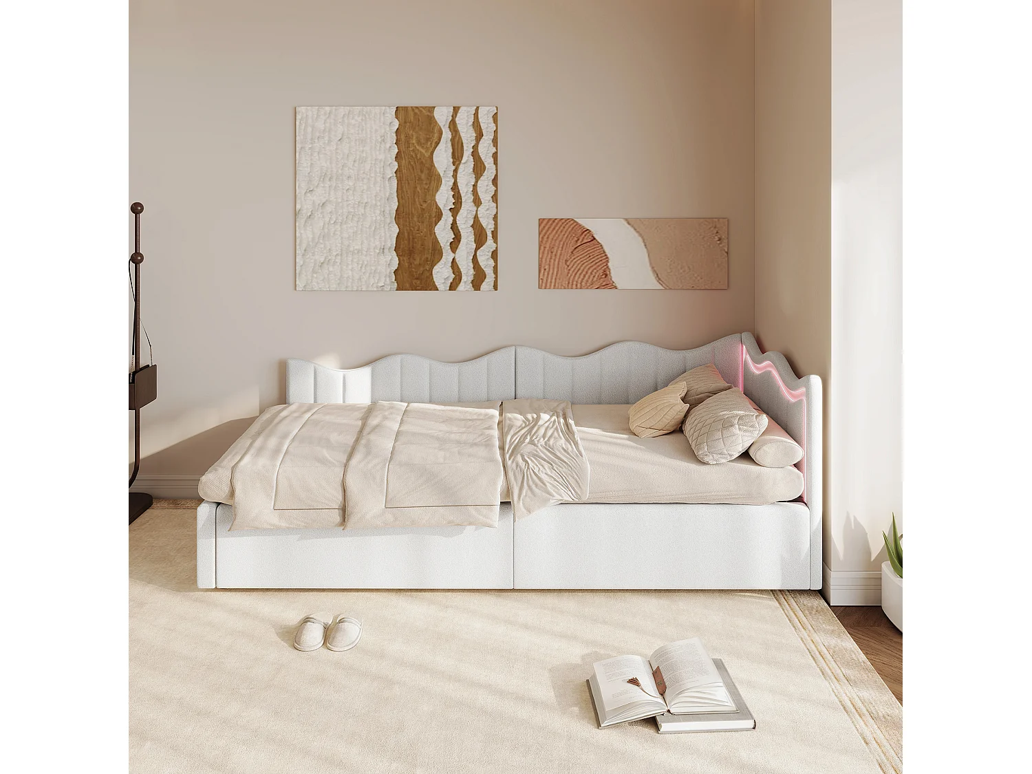 Sofá cama infantil de 90×200 cm con espacio de almacenamiento y luces LED multicolores – Blanco, en tejido de felpa, divertido y práctico.