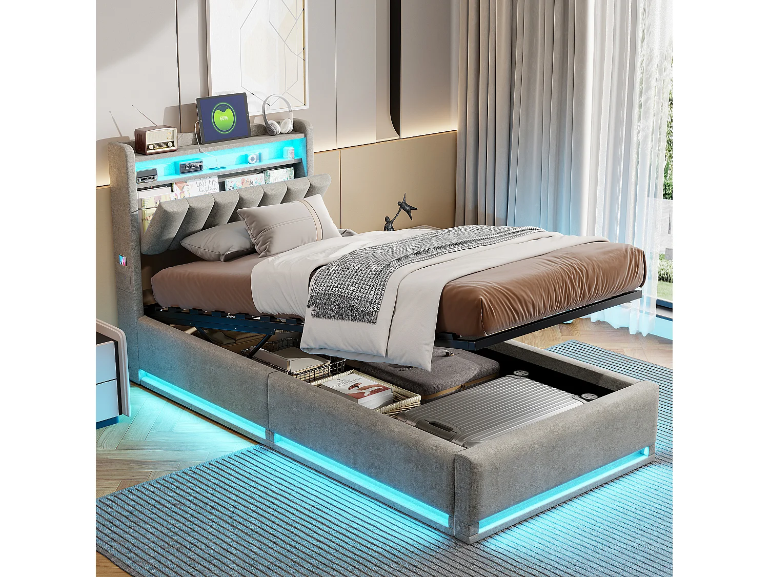 Lit rembourré 90×200 cm avec recharge USB, lit coffre LED et tête de lit avec rangement, sommier à lattes hydraulique – Lit double pour jeune
