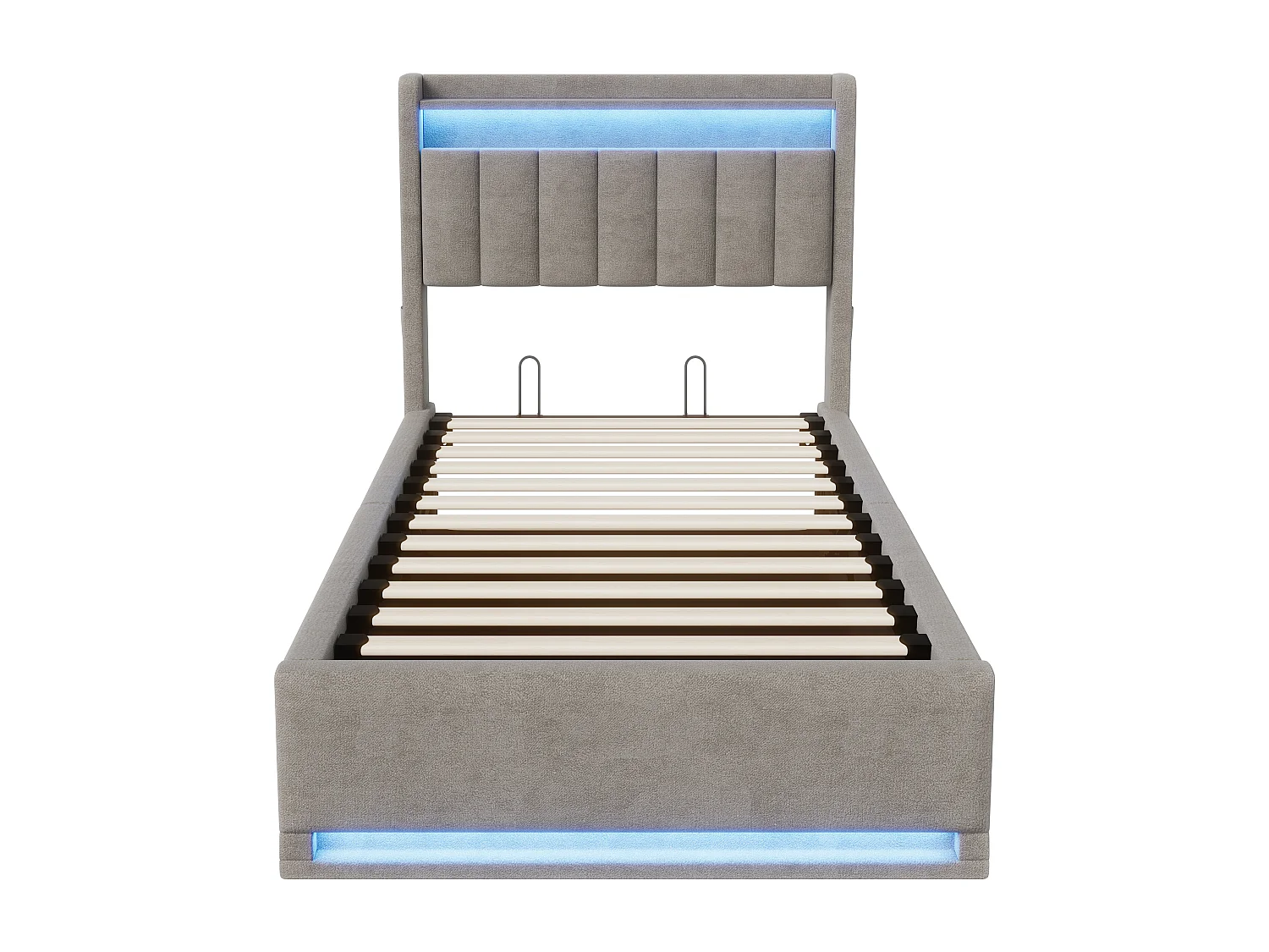Lit rembourré 90×200 cm avec recharge USB, lit coffre LED et tête de lit avec rangement, sommier à lattes hydraulique – Lit double pour jeune
