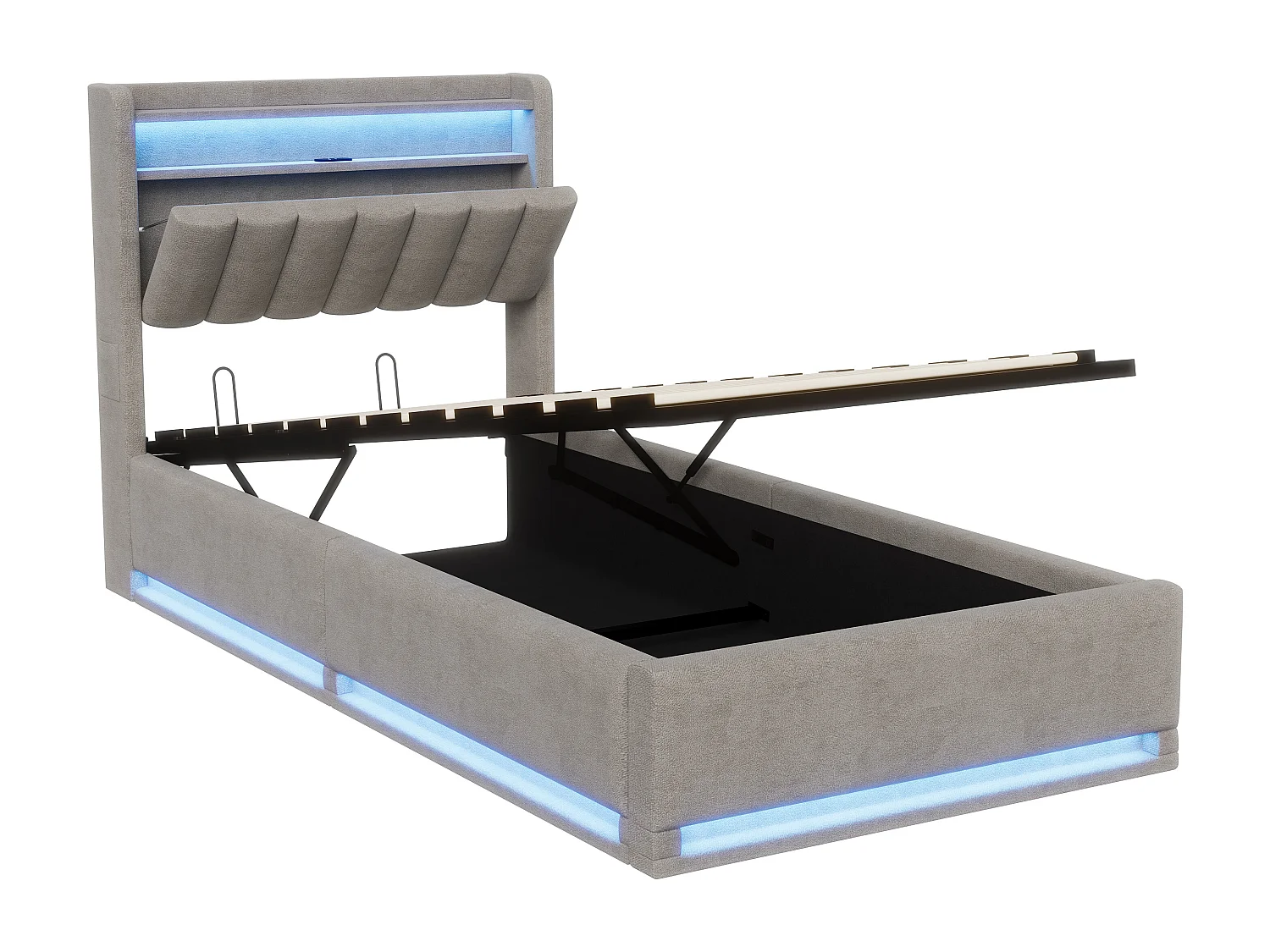 Lit rembourré 90×200 cm avec recharge USB, lit coffre LED et tête de lit avec rangement, sommier à lattes hydraulique – Lit double pour jeune