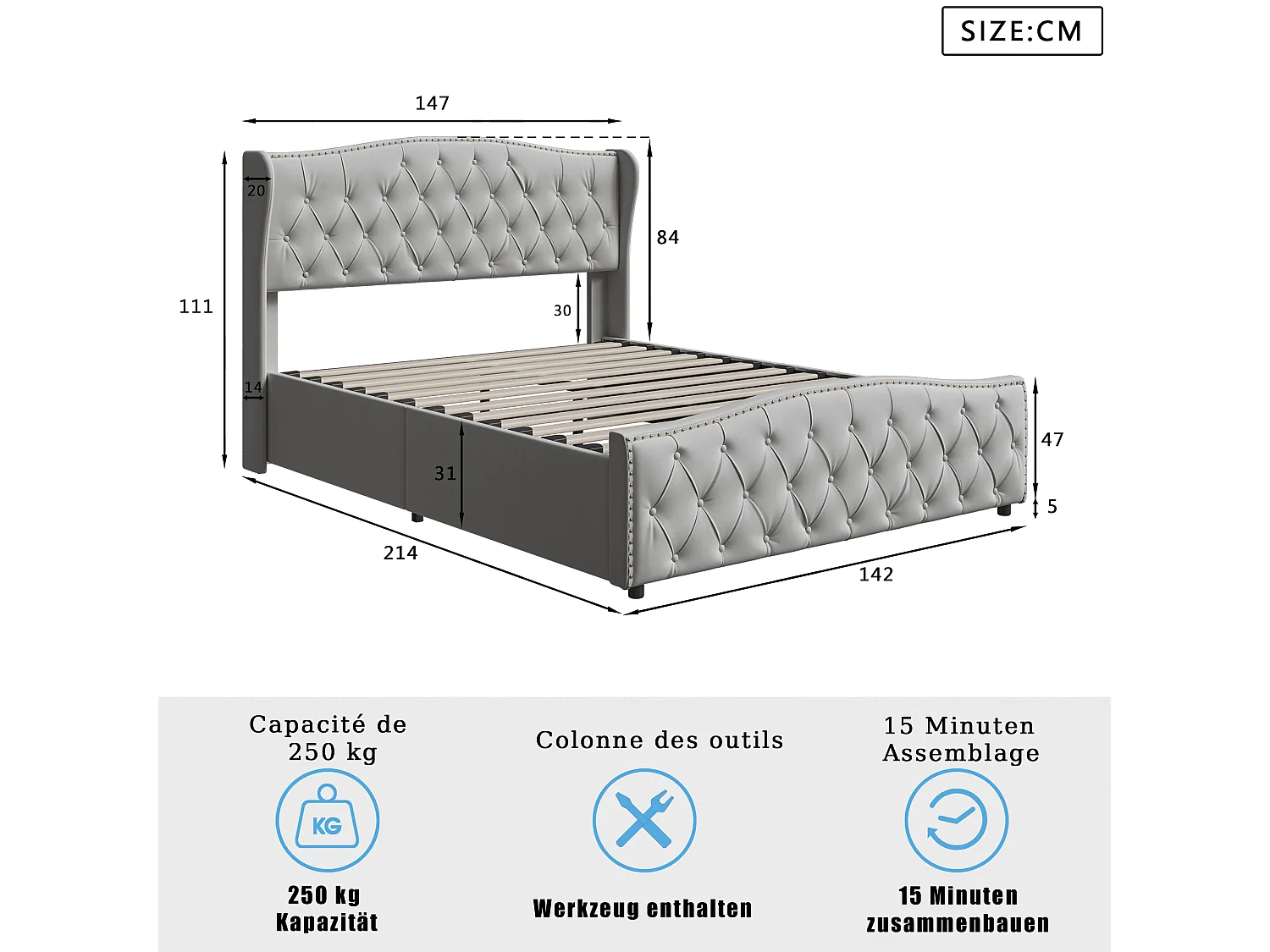 Lit capitonné 140×200 cm avec sommier à lattes et rangement hydraulique – Velours