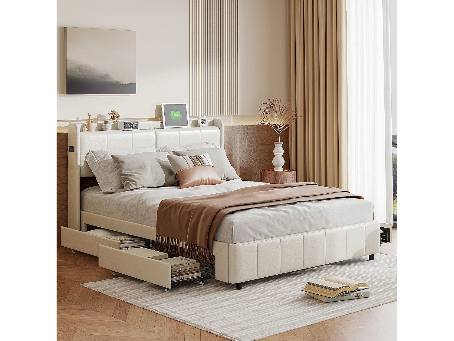 Lit coffre 160×200 cm avec LED, USB/Type-C et sommier – PU, lit double