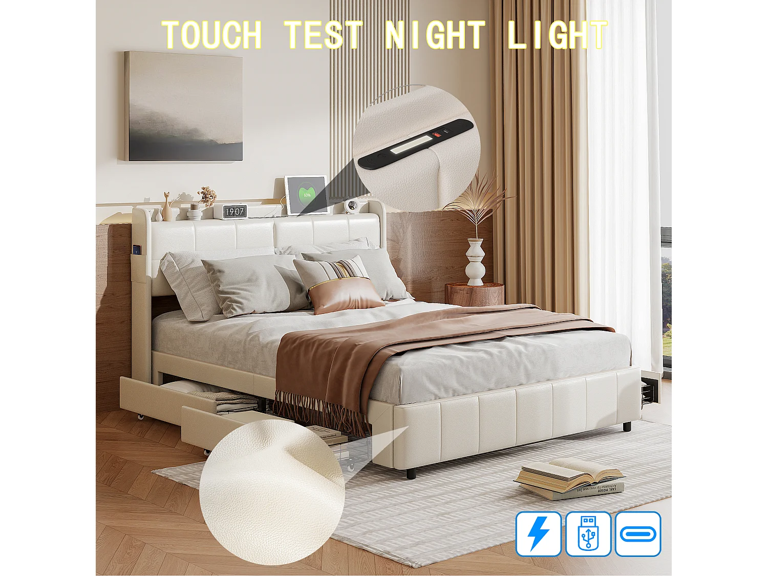 Lit coffre 160×200 cm avec LED, USB/Type-C et sommier – PU, lit double