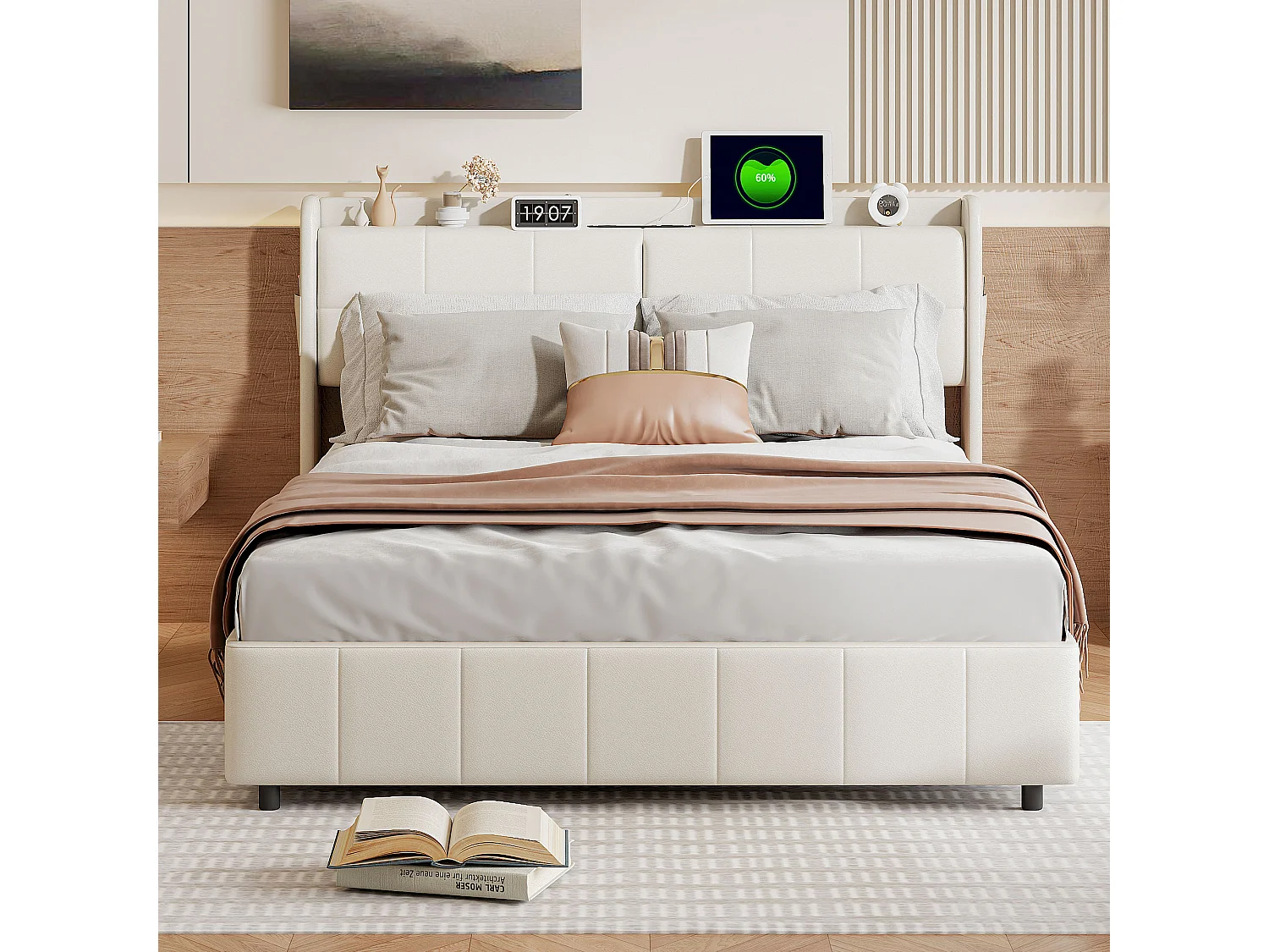 Lit coffre 160×200 cm avec LED, USB/Type-C et sommier – PU, lit double