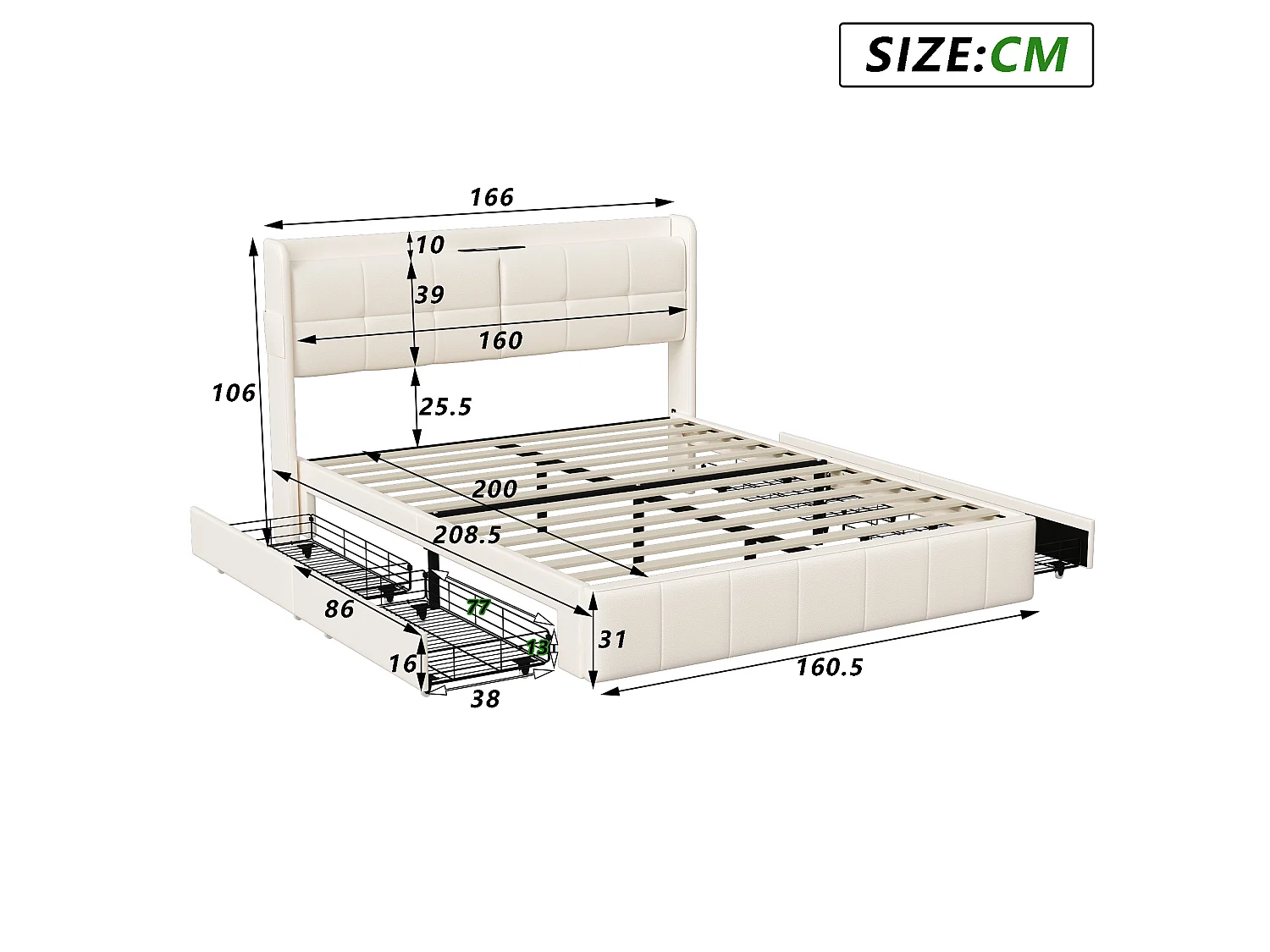 Lit coffre 160×200 cm avec LED, USB/Type-C et sommier – PU, lit double