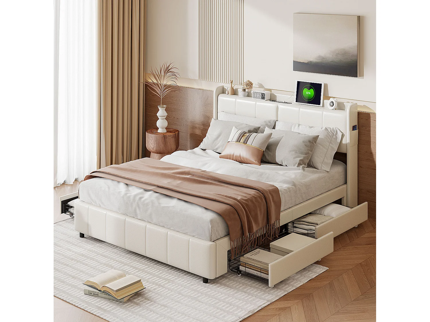 Lit coffre 160×200 cm avec LED, USB/Type-C et sommier – PU, lit double