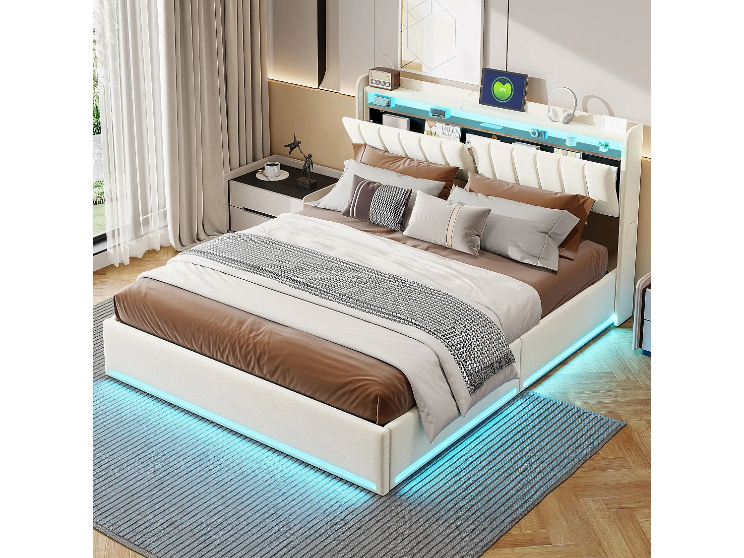 Lit rembourré 160×200 cm avec recharge USB, lit coffre LED et tête de lit avec rangement, sommier à lattes hydraulique – Lit double pour jeune