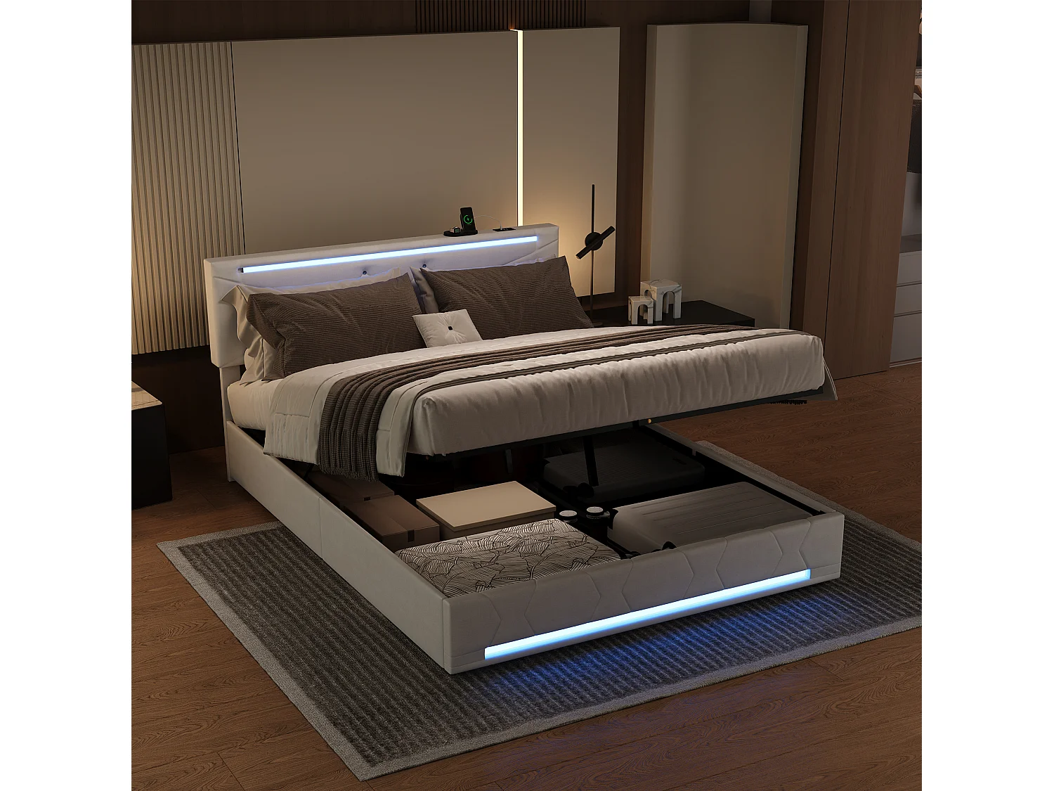 Lit coffre 140×190 cm avec LED RGB, ports USB-C/USB et tête réglable – Tissu beige, grande capacité de rangement