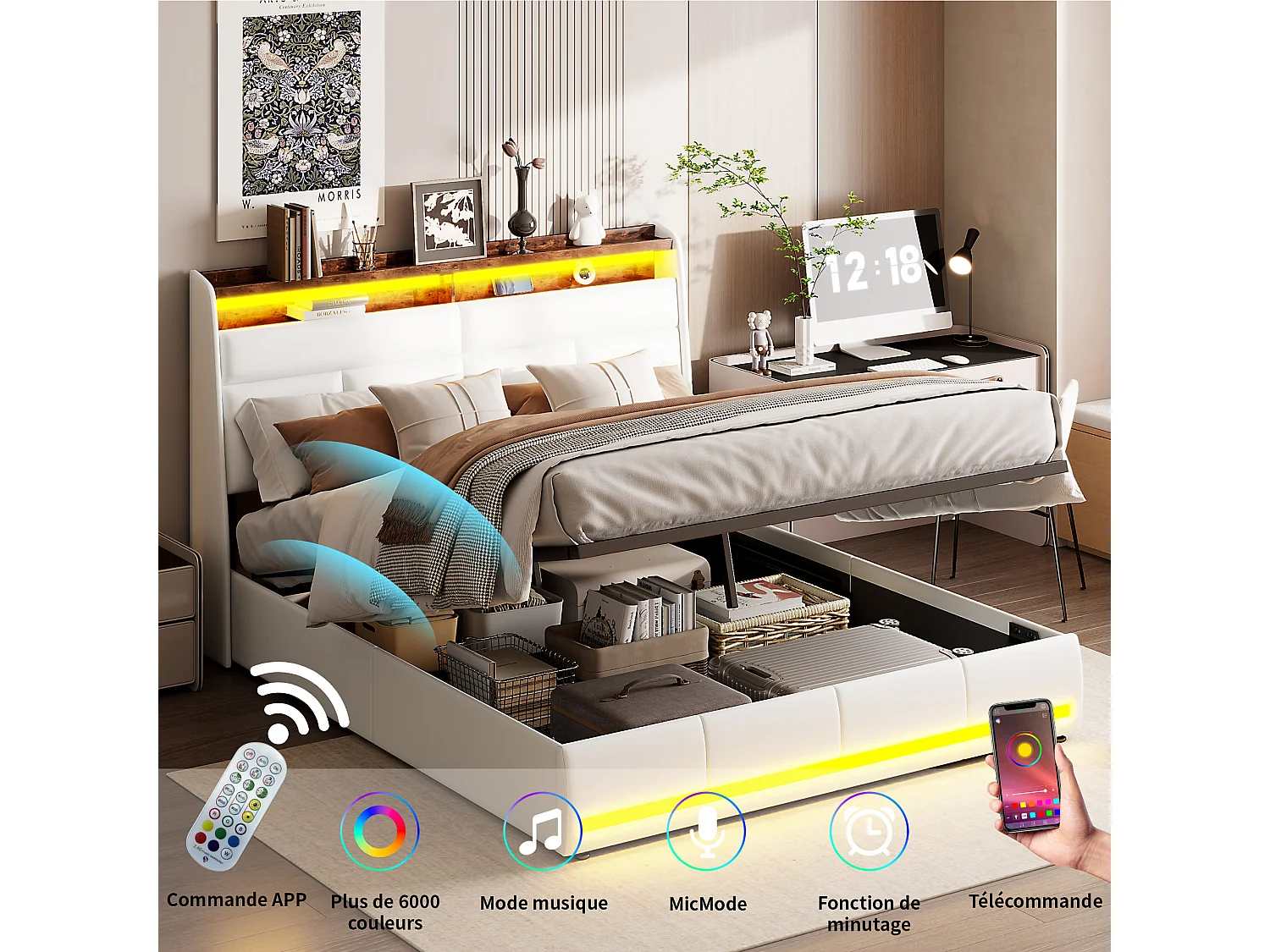 Lit coffre 160×200 cm avec sommier et LED – Cadre et tête de lit avec rangement, blanc