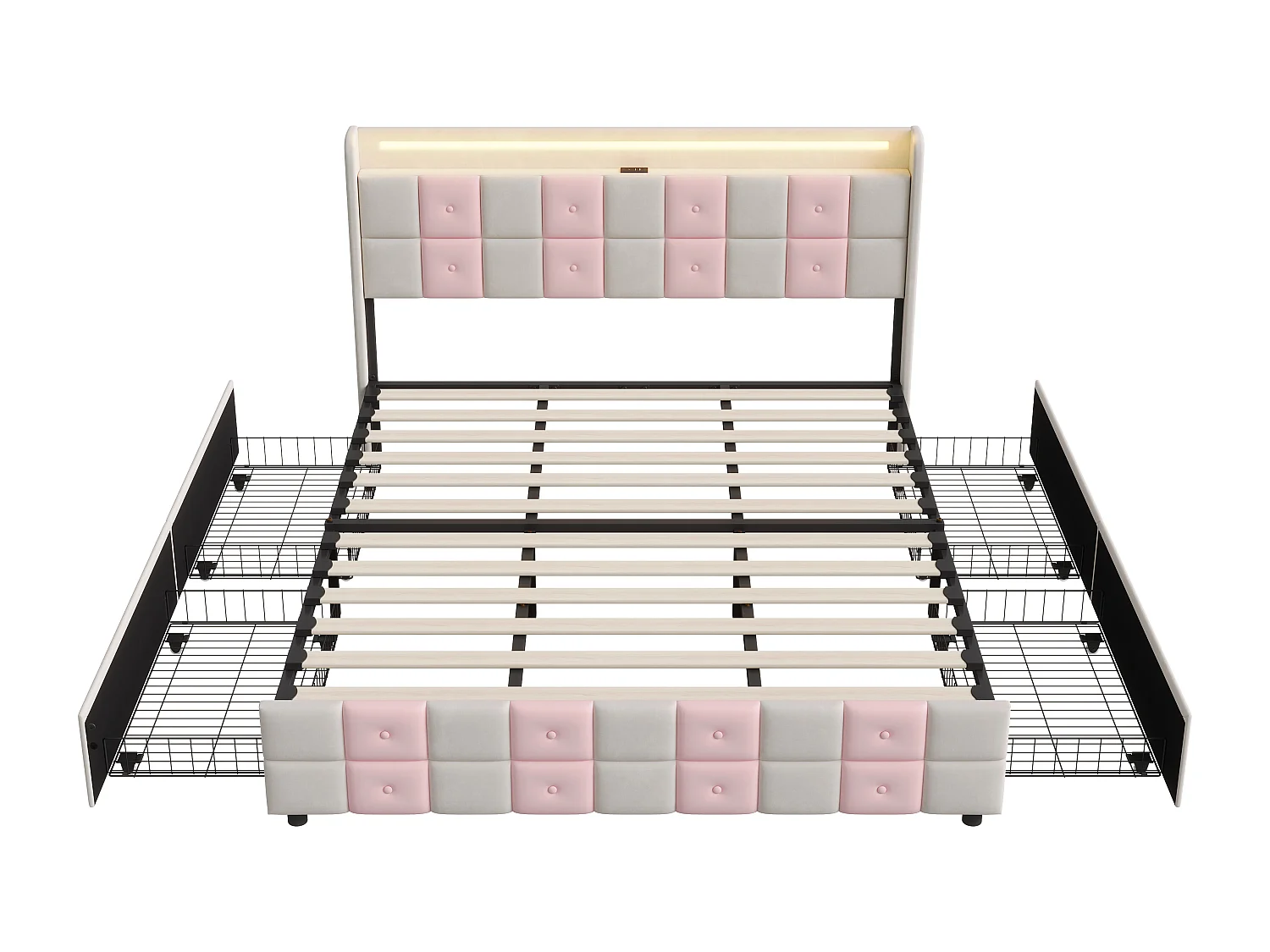 Lit coffre 140×190 cm avec LED RGB, tête de lit avec ports USB et 4 tiroirs de rangement – Velours doux – Design moderne