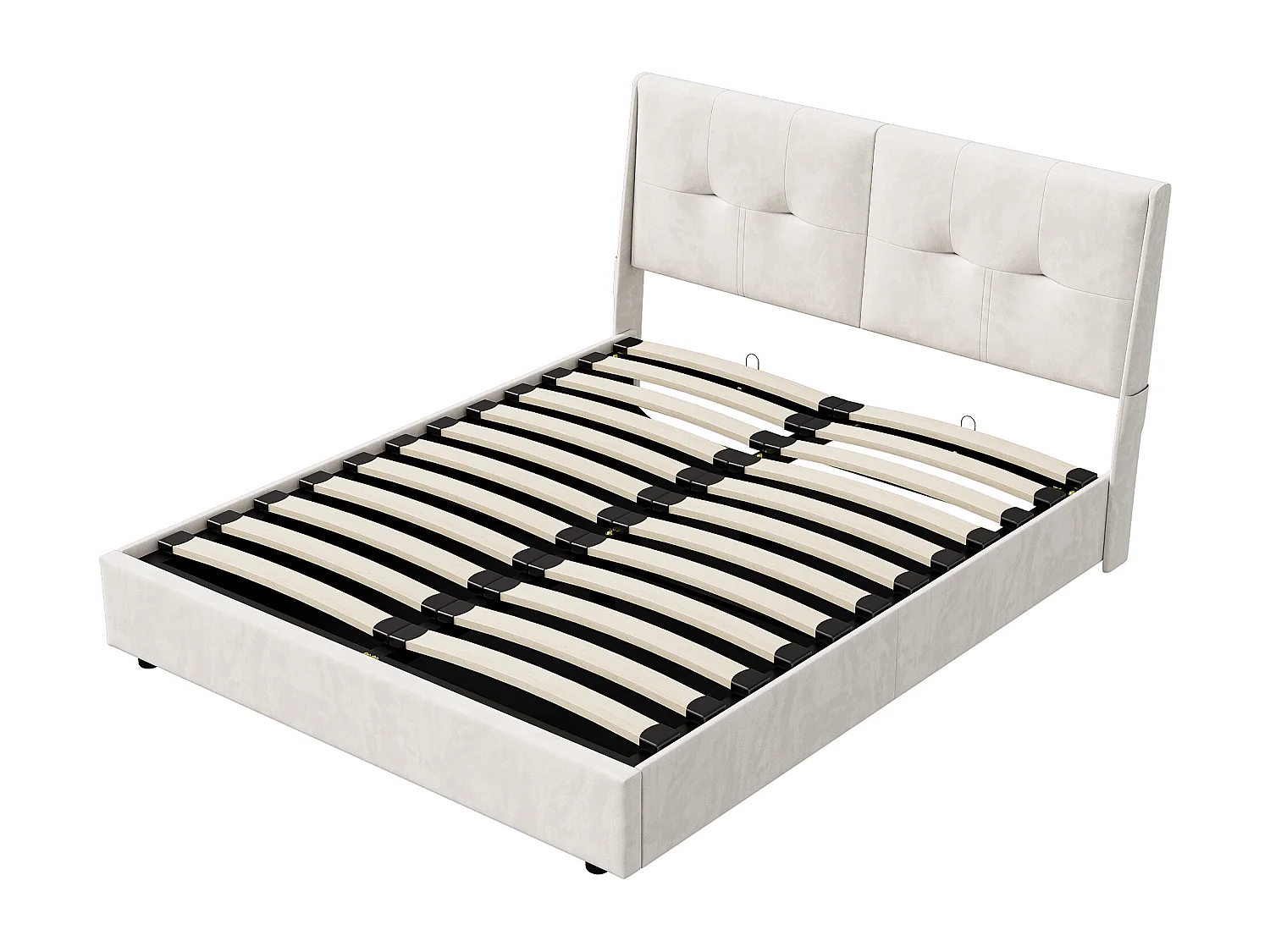 Letto matrimoniale 140x200 cm con contenitore, illuminazione a LED, testiera in velluto con tasche laterali – Beige, elegante e pratico