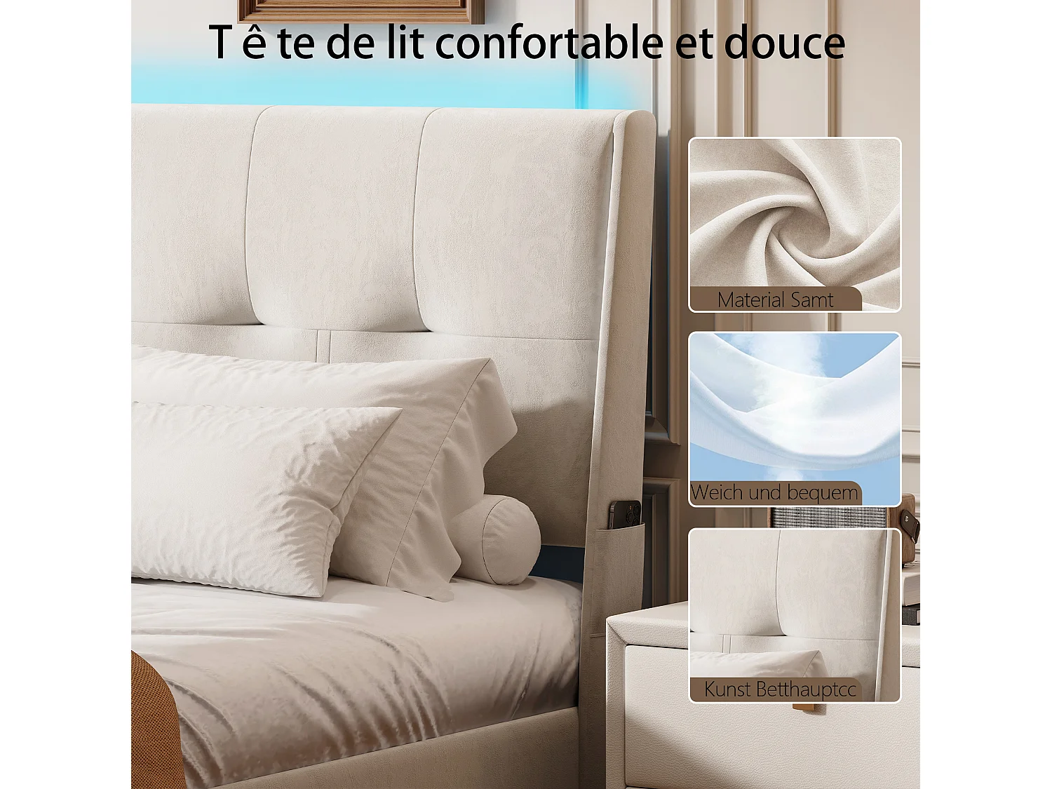Letto matrimoniale 140x200 cm con contenitore, illuminazione a LED, testiera in velluto con tasche laterali – Beige, elegante e pratico