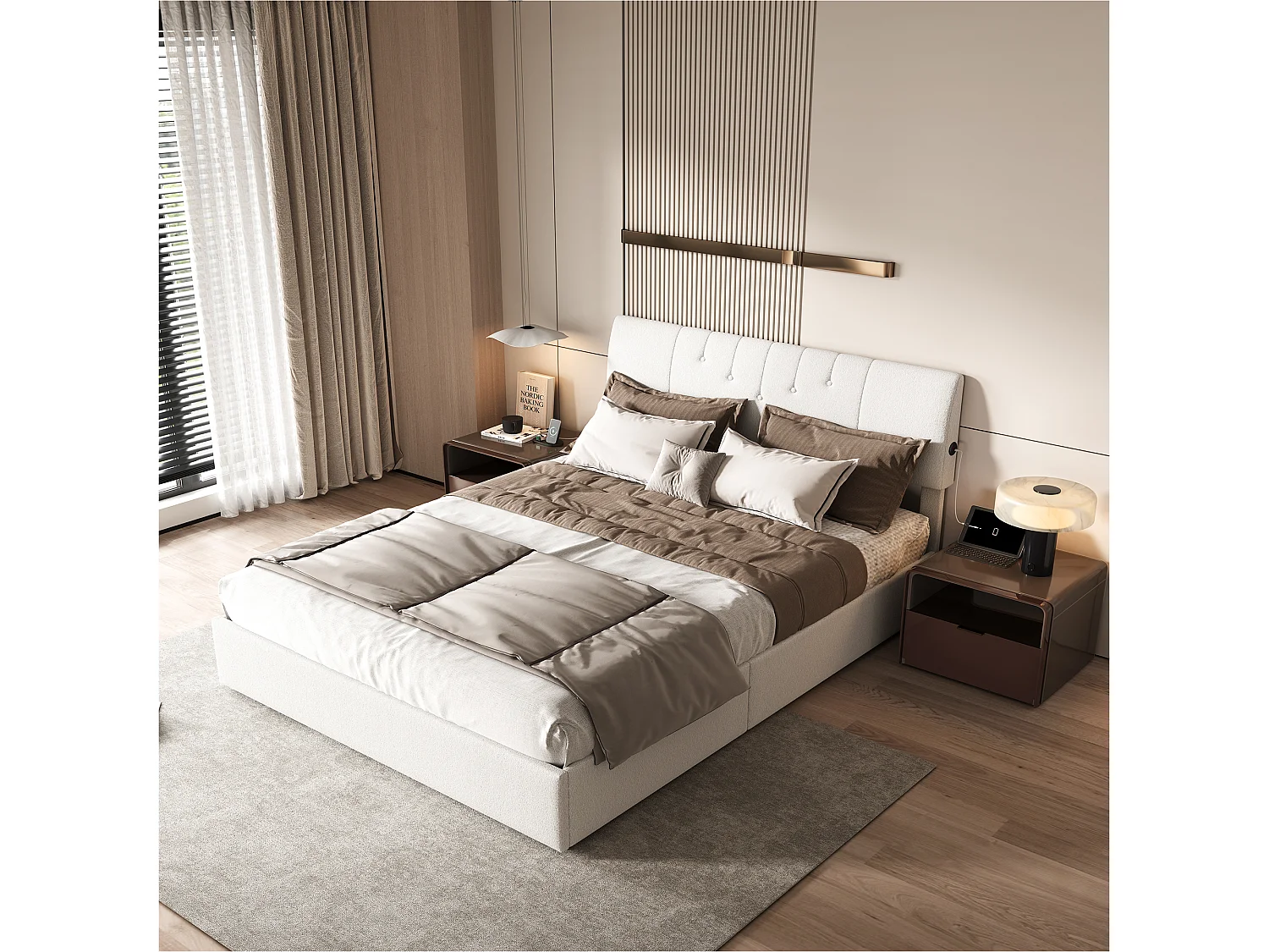 Lit coffre relevable 160×200 cm avec tête réglable, ports USB-C/USB et rangement intégré – Tissu teddy blanc cassé, moderne