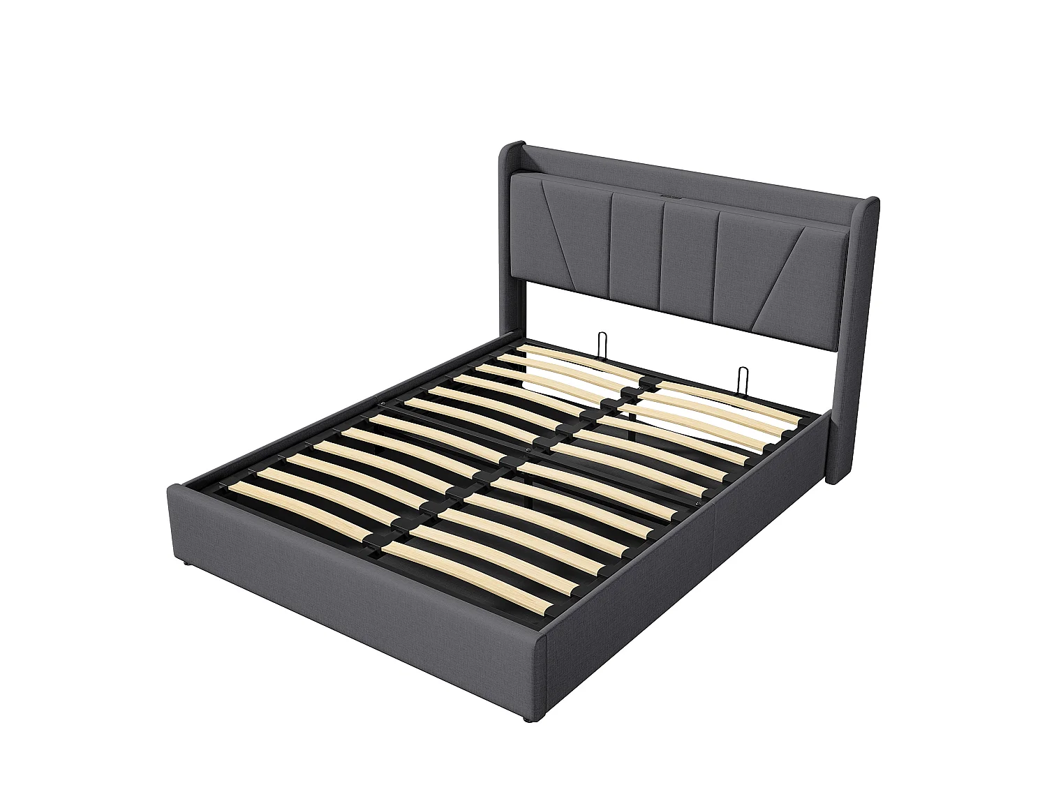 Cama con almacenamiento de 140x200 cm con USB/Tipo-C, base de láminas, tapizada – Gris