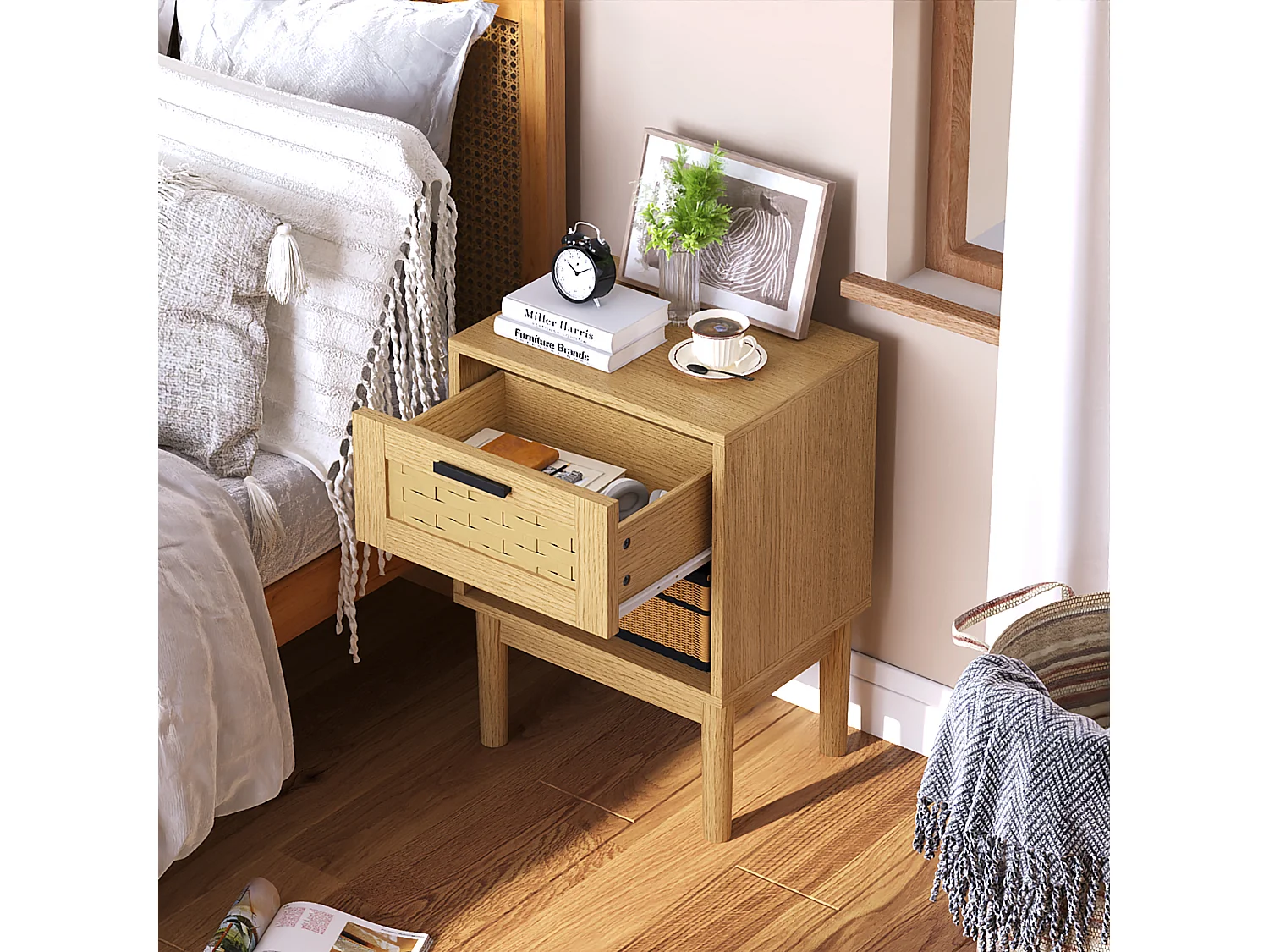 Lot de 2 Tables de Chevet en Rotin et Bois Chêne Clair - 1 Tiroir - Style Scandinave - Rangement Moderne - Polyvalente