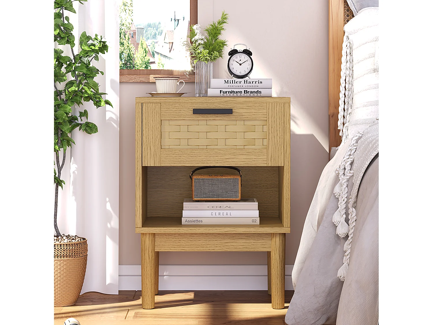 Lot de 2 Tables de Chevet en Rotin et Bois Chêne Clair - 1 Tiroir - Style Scandinave - Rangement Moderne - Polyvalente