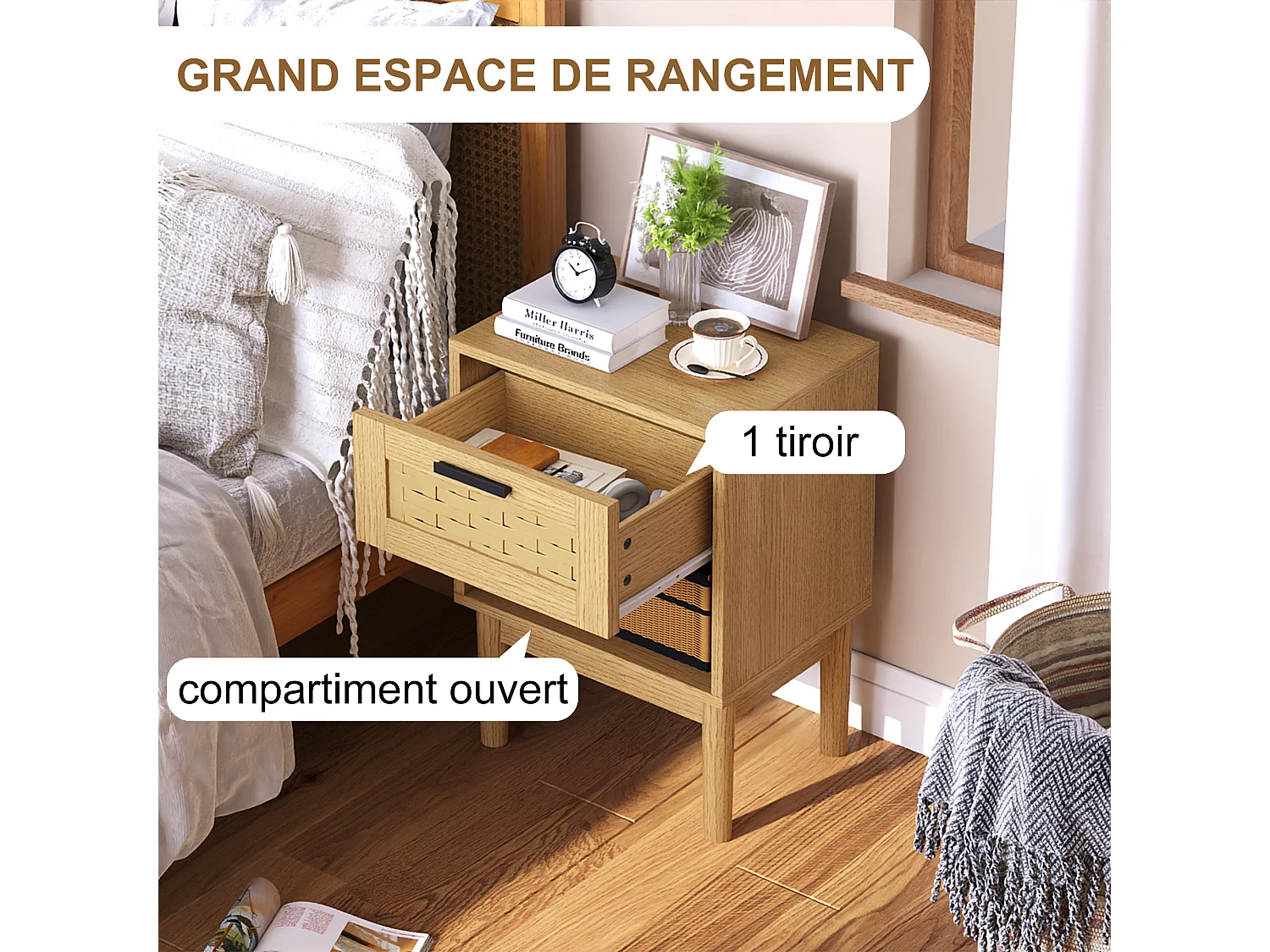 Lot de 2 Tables de Chevet en Rotin et Bois Chêne Clair - 1 Tiroir - Style Scandinave - Rangement Moderne - Polyvalente