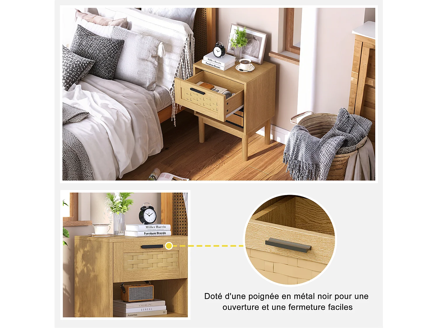 Lot de 2 Tables de Chevet en Rotin et Bois Chêne Clair - 1 Tiroir - Style Scandinave - Rangement Moderne - Polyvalente