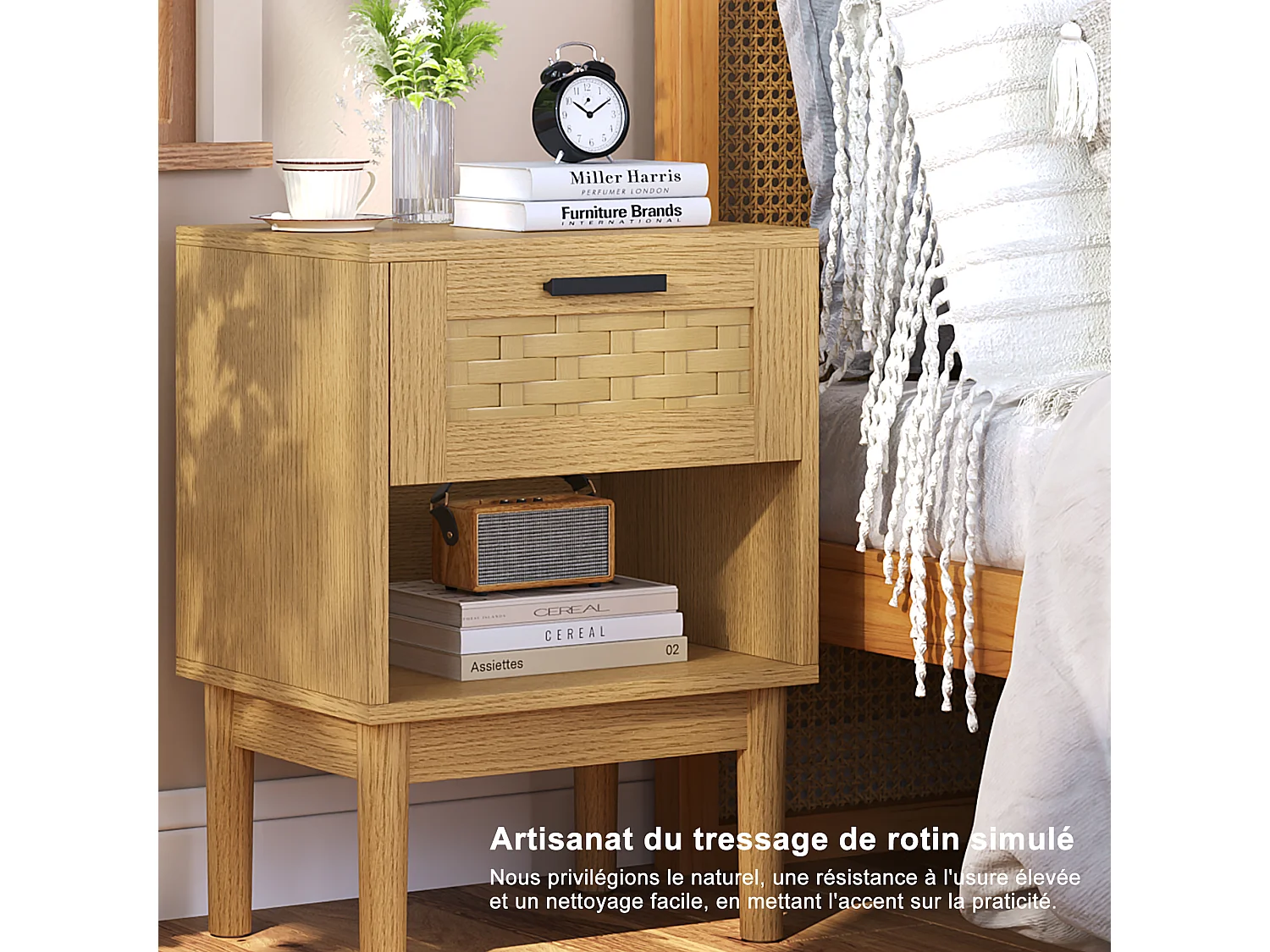 Lot de 2 Tables de Chevet en Rotin et Bois Chêne Clair - 1 Tiroir - Style Scandinave - Rangement Moderne - Polyvalente