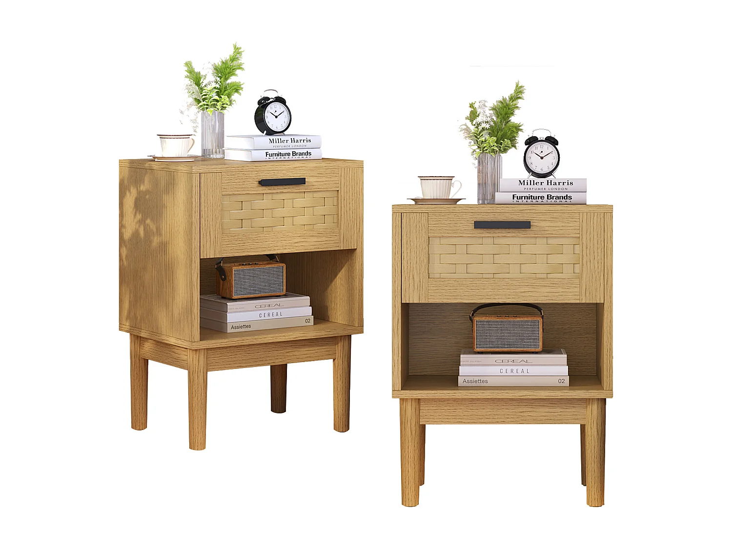 Lot de 2 Tables de Chevet en Rotin et Bois Chêne Clair - 1 Tiroir - Style Scandinave - Rangement Moderne - Polyvalente
