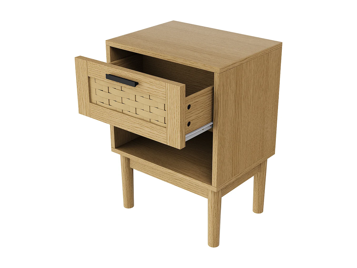 Lot de 2 Tables de Chevet en Rotin et Bois Chêne Clair - 1 Tiroir - Style Scandinave - Rangement Moderne - Polyvalente