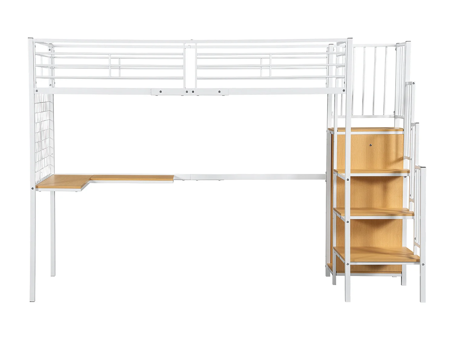 Lit superposé mezzanine enfants/adolescents 90x200 cm – Fer + bois naturel, blanc, table et armoire