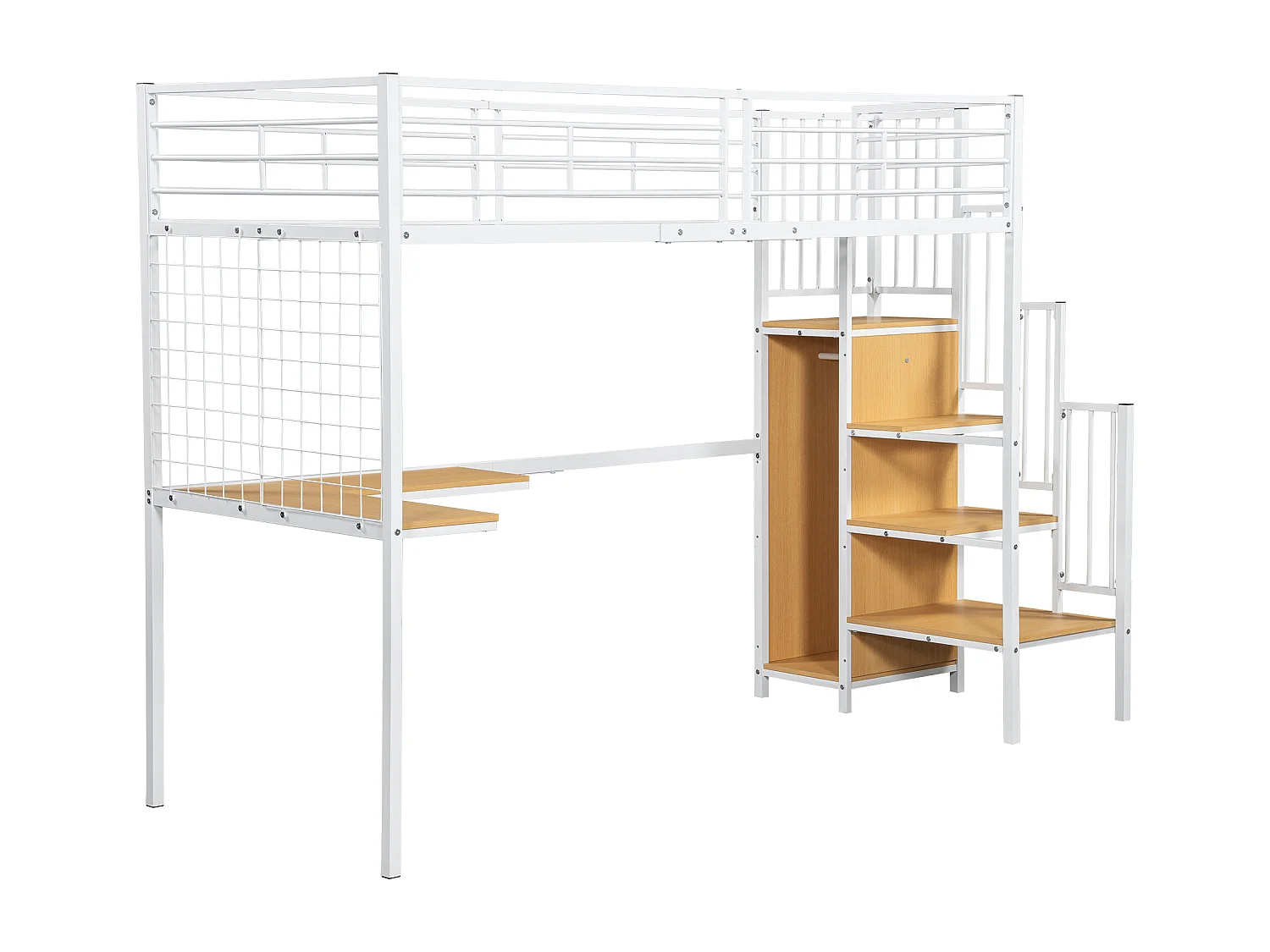 Lit superposé mezzanine enfants/adolescents 90x200 cm – Fer + bois naturel, blanc, table et armoire