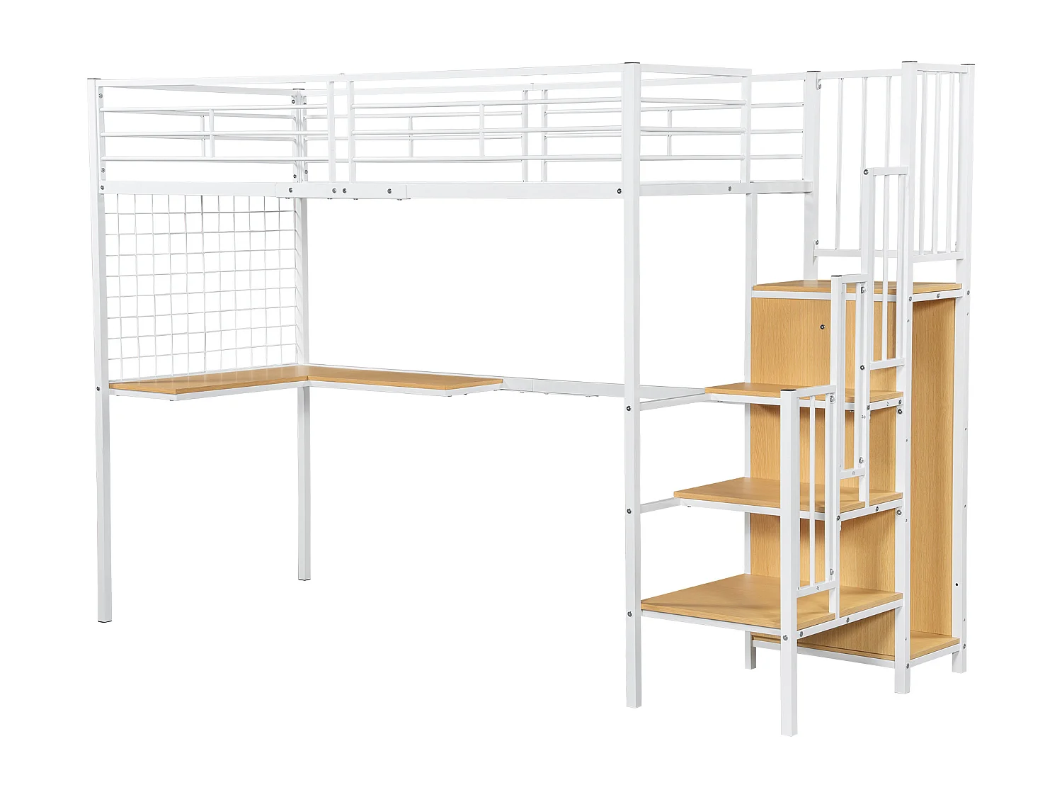 Lit superposé mezzanine enfants/adolescents 90x200 cm – Fer + bois naturel, blanc, table et armoire