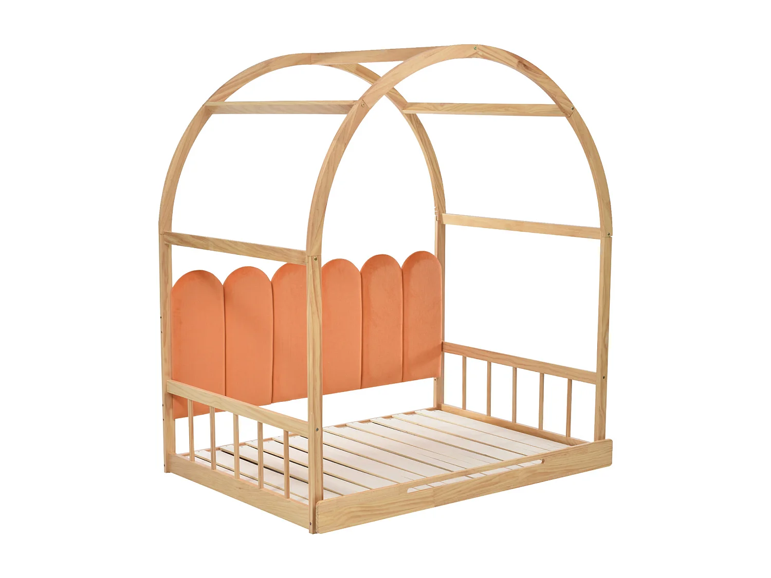 Lit mezzanine extensible avec lit gigogne 140x100/200 cm – Coussin velours, pin naturel + orange, lit double