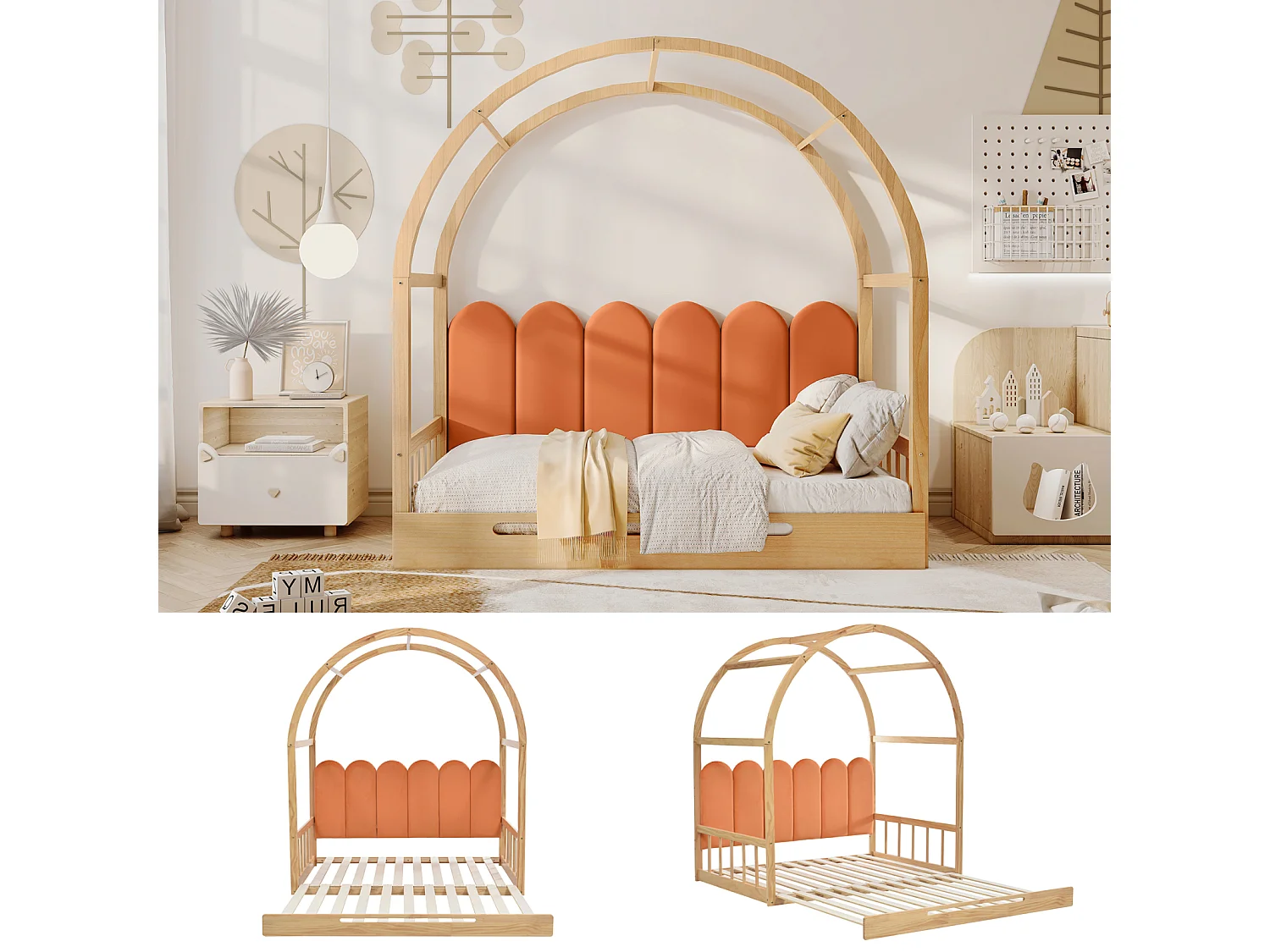 Lit mezzanine extensible avec lit gigogne 140x100/200 cm – Coussin velours, pin naturel + orange, lit double