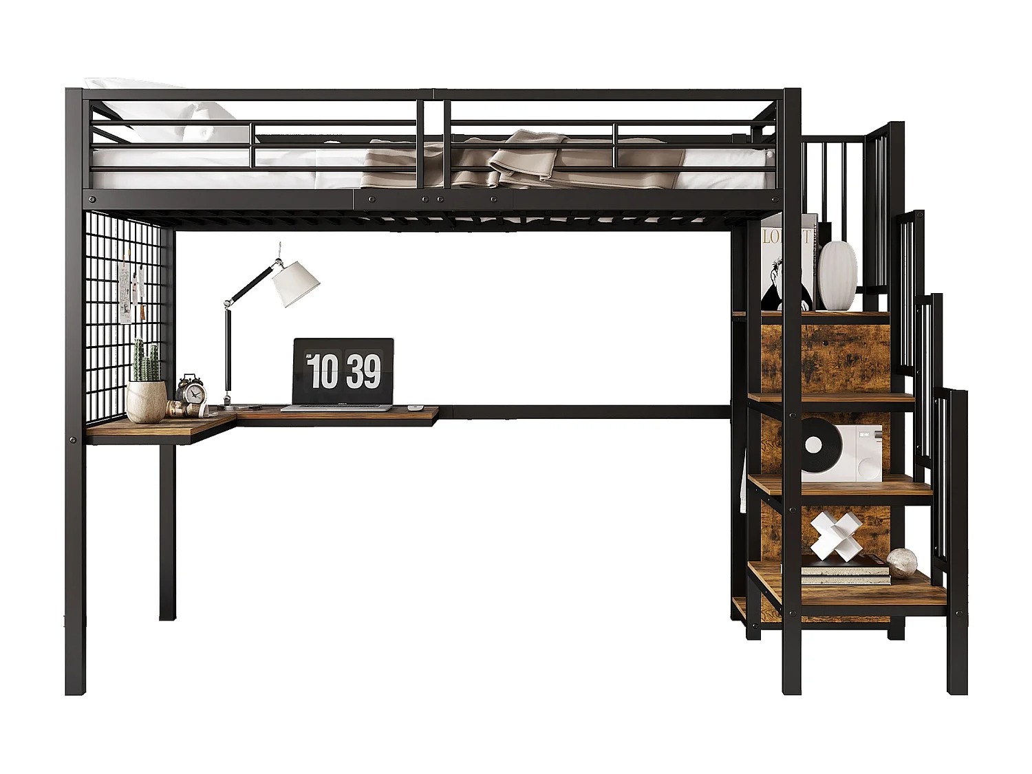 Lit superposé mezzanine enfants/adolescents 90x200 cm – Fer + bois foncé, table et armoire