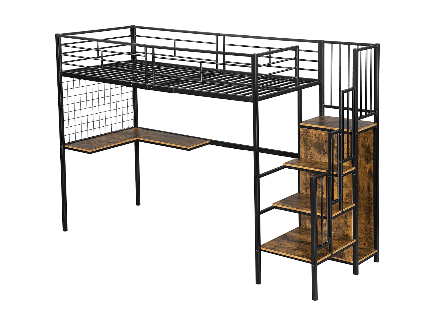 Lit superposé mezzanine enfants/adolescents 90x200 cm – Fer + bois foncé, table et armoire