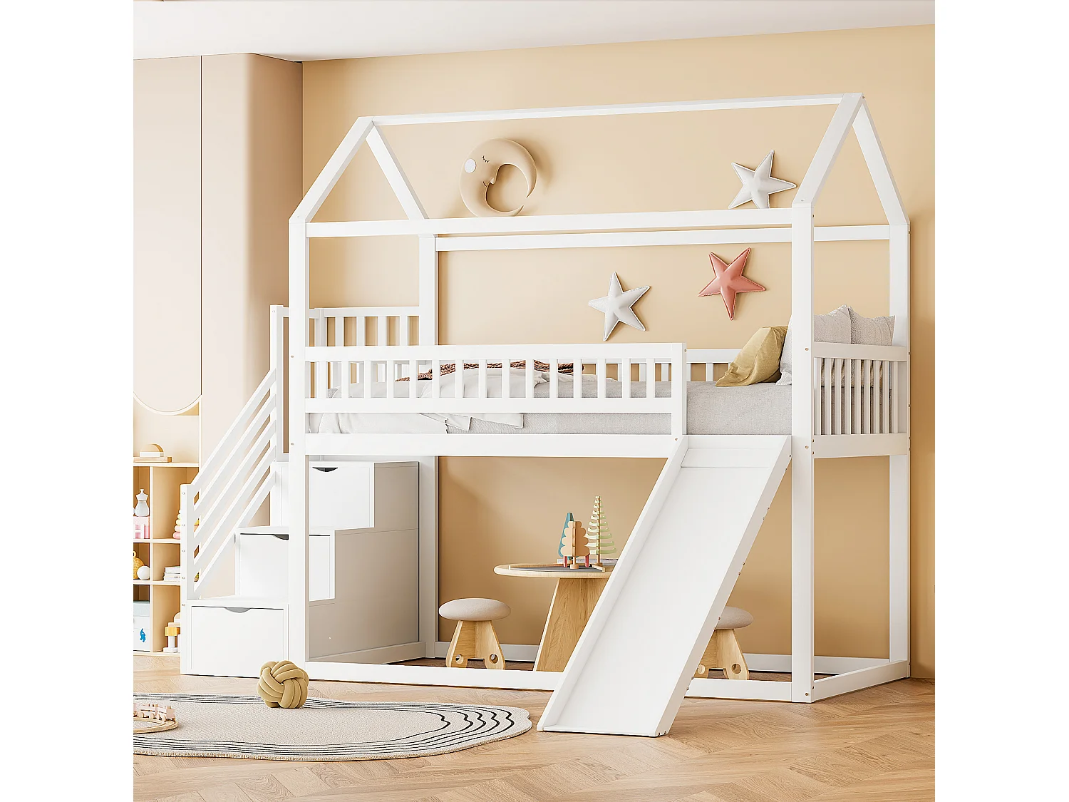 Lit superposé enfant 90x200 cm – Mezzanine avec toboggan, échelle, barrière haute, bois massif blanc